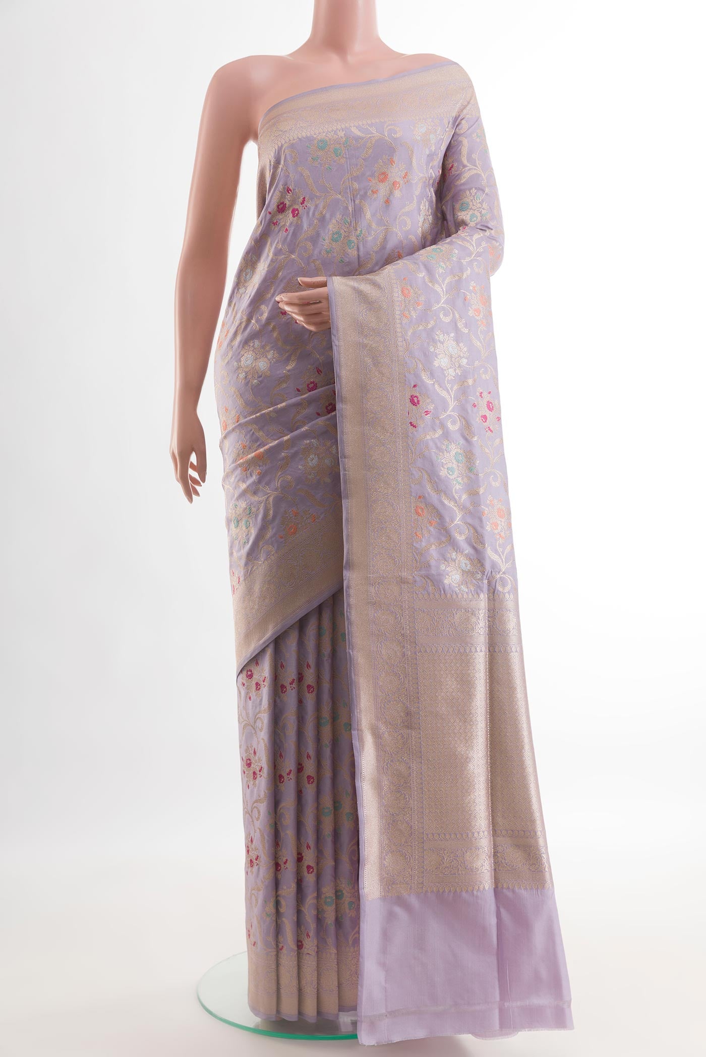 Lavender Banarasi Silk Saree with Zari Brocade on the body and Zari Border.  displayed on a mannequin