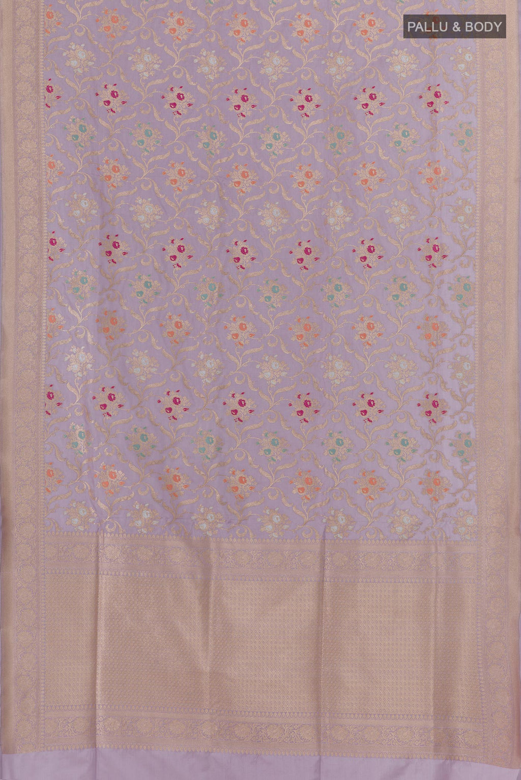 Flat view of Lavender Banarasi Silk Saree with Zari Brocade on the body and Zari Border. 