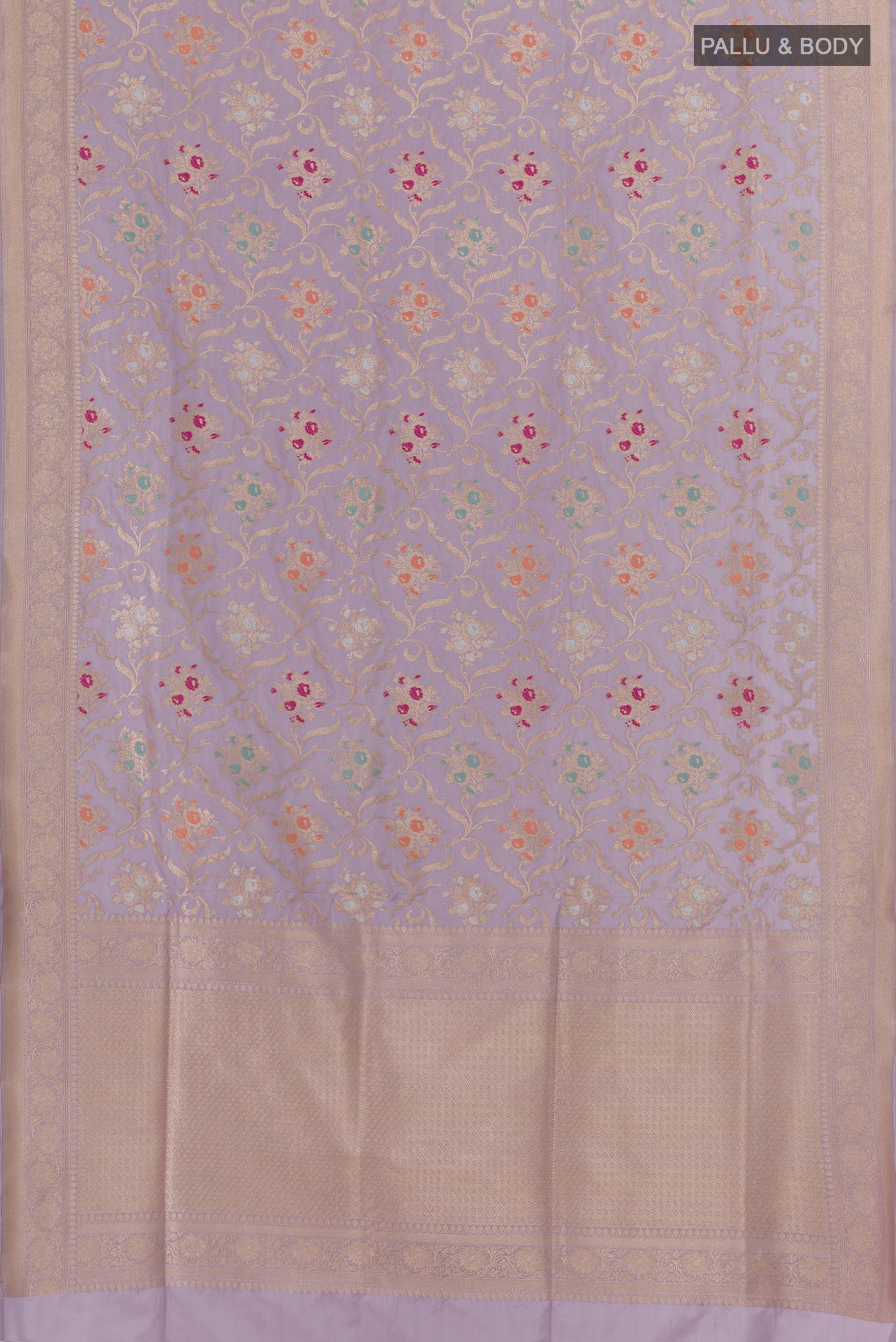 Flat view of Lavender Banarasi Silk Saree with Zari Brocade on the body and Zari Border. 
