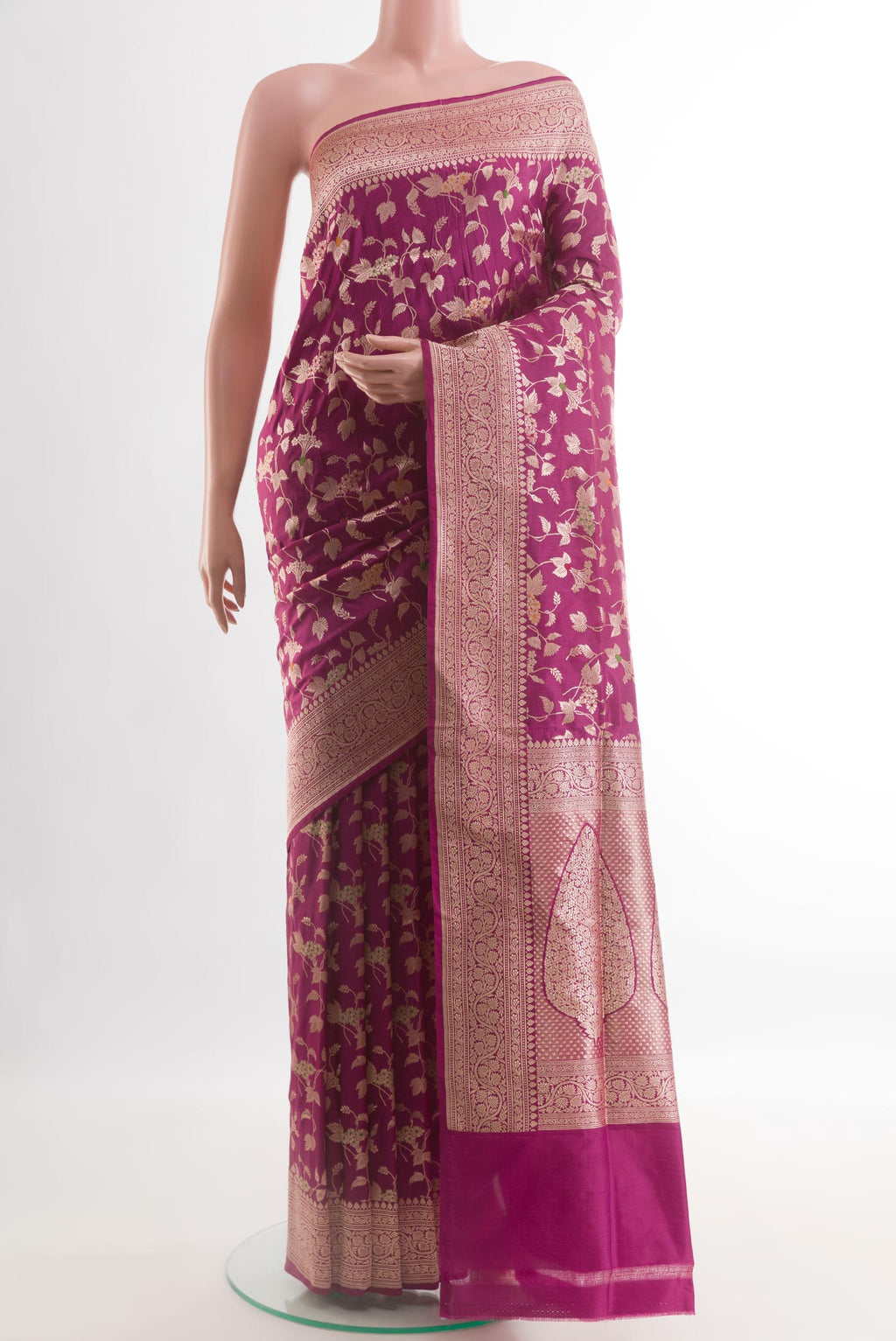 Purple Banarasi Silk Saree with Zari Brocade on the body and Zari Border.  displayed on a mannequin