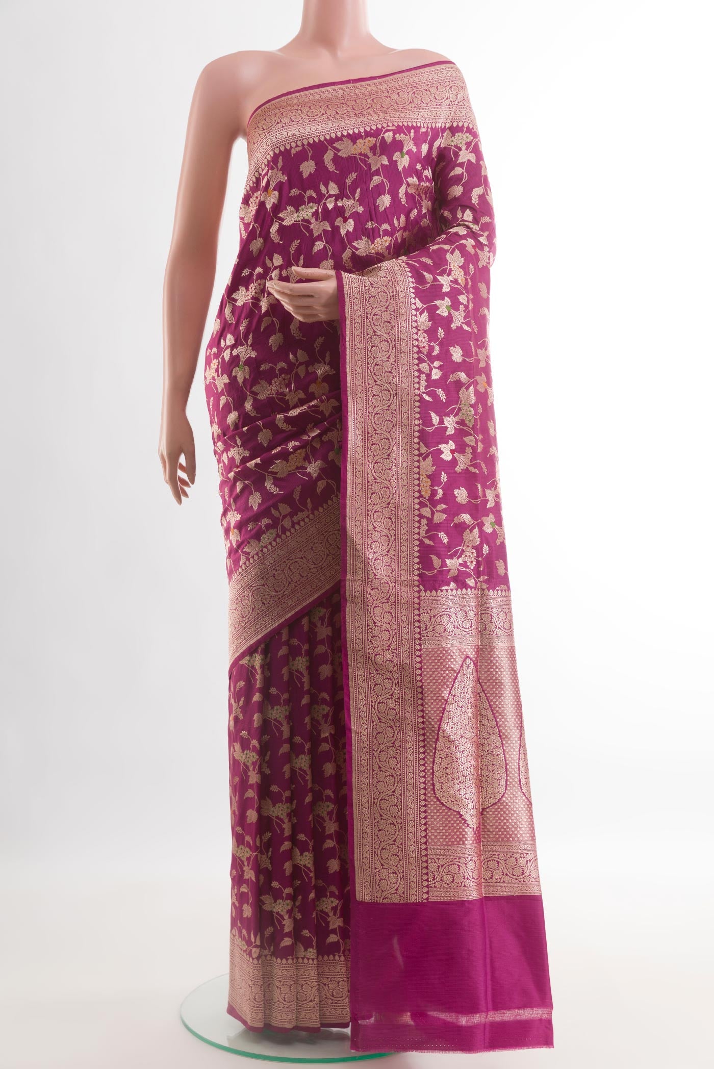 Purple Banarasi Silk Saree with Zari Brocade on the body and Zari Border.  displayed on a mannequin