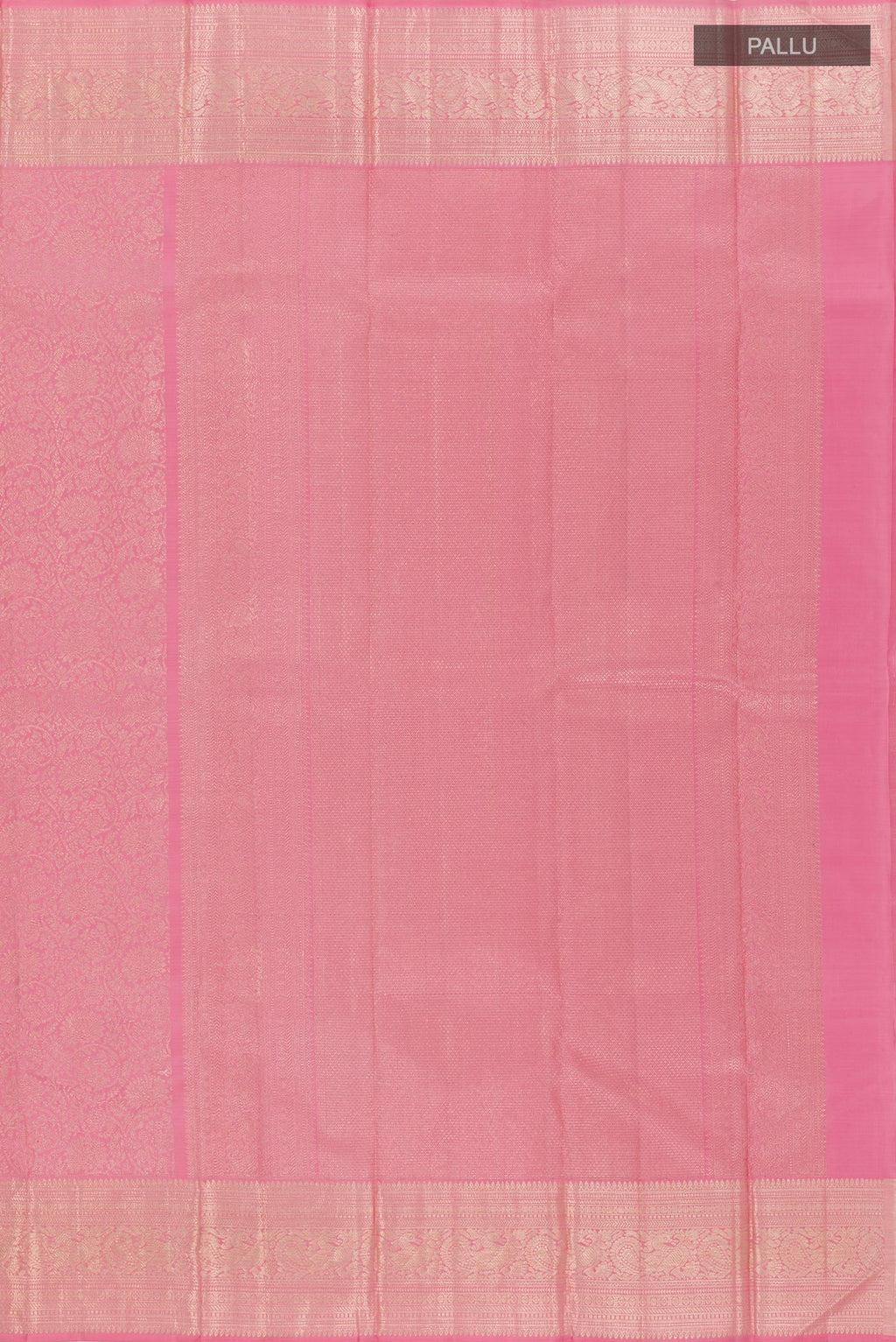 Close up image of the pallu of Pink Kanchipuram Silk Saree with Zari Brocade on the body and Zari Border. 