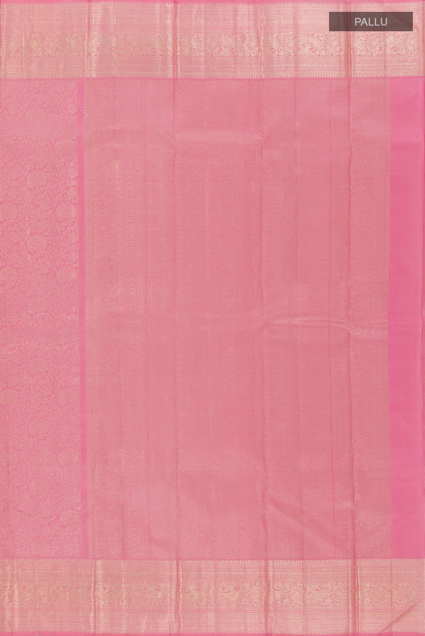 Close up image of the pallu of Pink Kanchipuram Silk Saree with Zari Brocade on the body and Zari Border. 