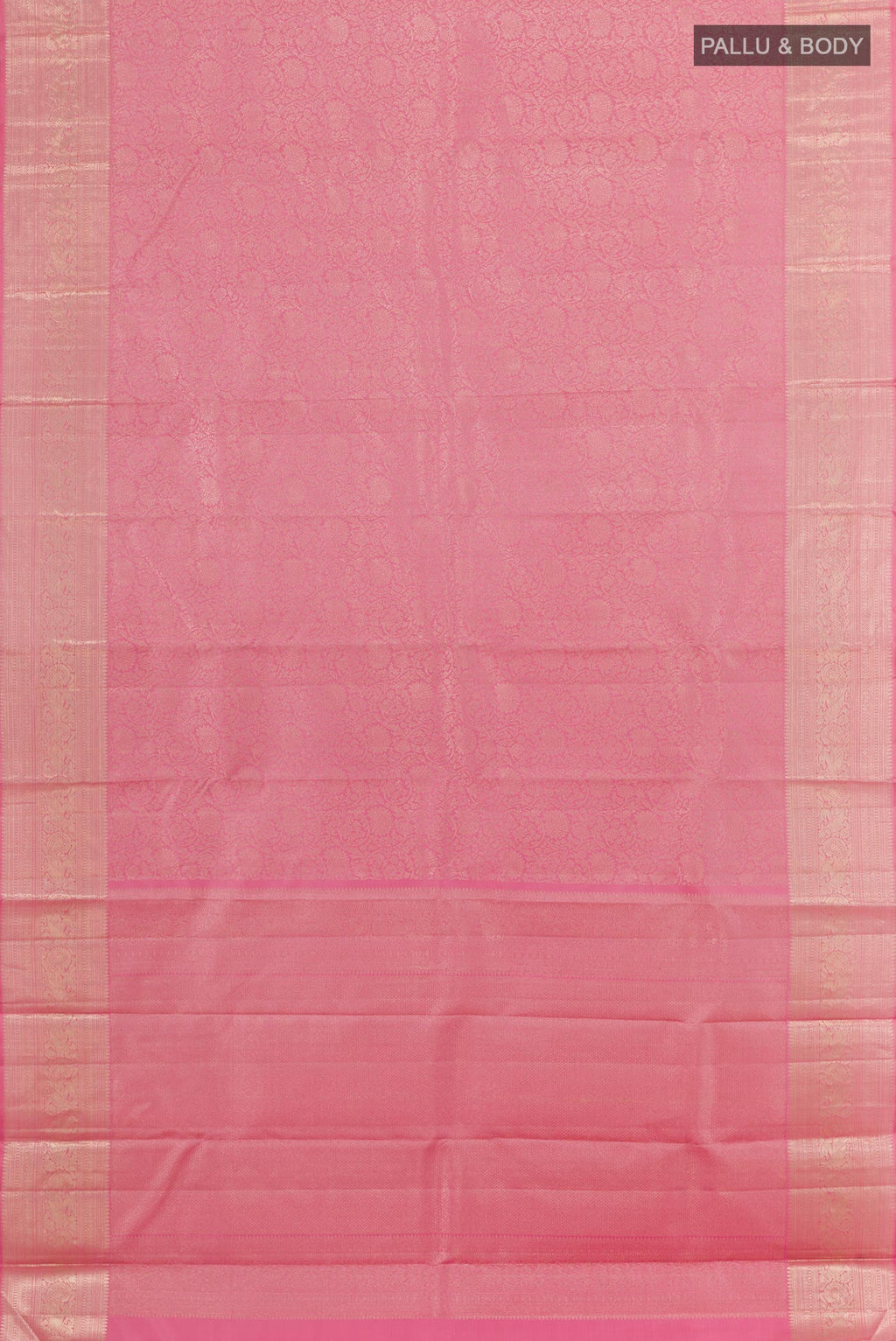 Flat view of Pink Kanchipuram Silk Saree with Zari Brocade on the body and Zari Border. 