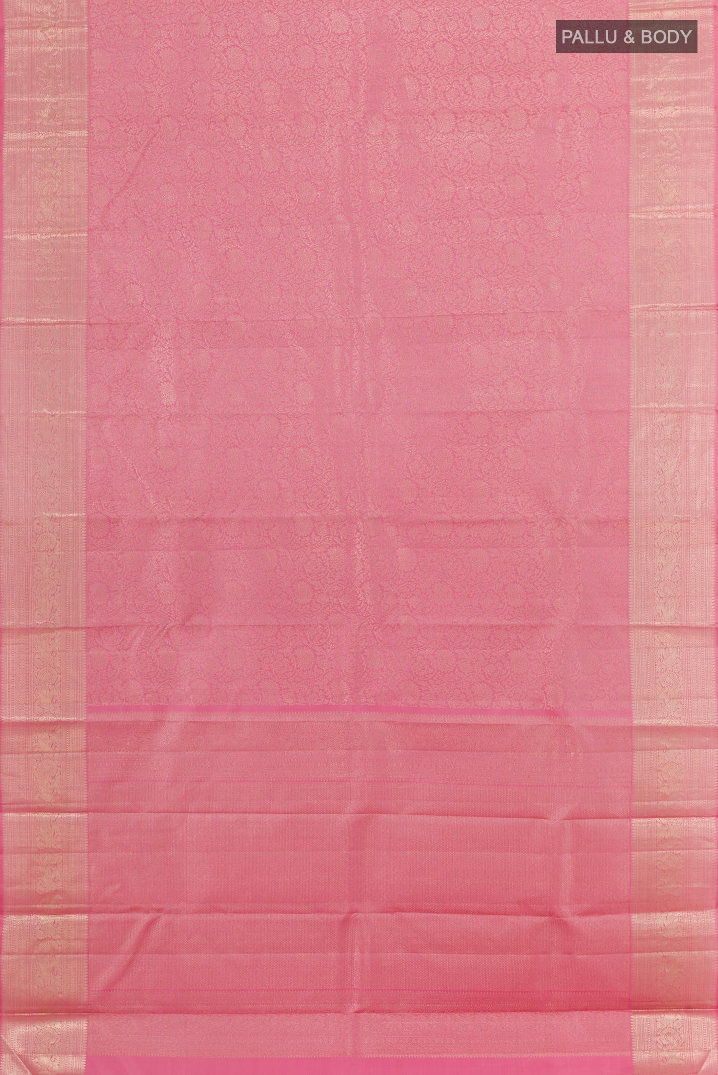 Flat view of Pink Kanchipuram Silk Saree with Zari Brocade on the body and Zari Border. 
