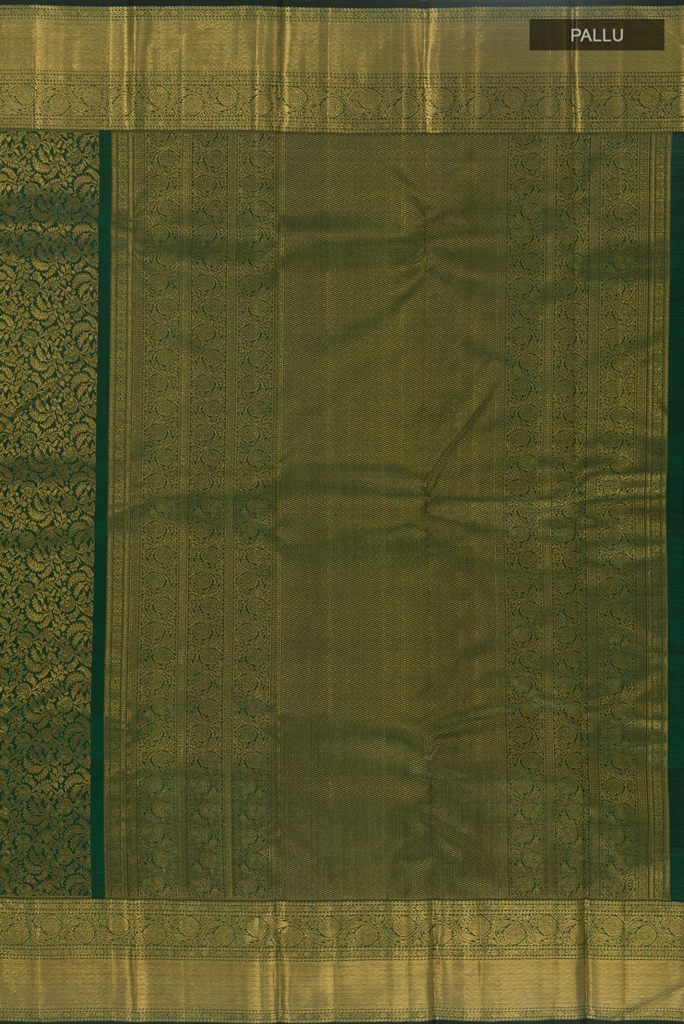 Close up image of the pallu of Bottle Green Kanchipuram Silk Saree with Zari Brocade on the body and Zari Border. 