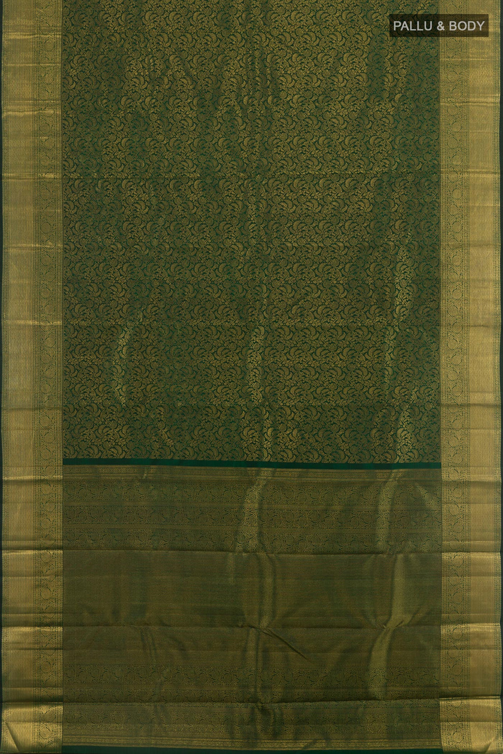 Flat view of Bottle Green Kanchipuram Silk Saree with Zari Brocade on the body and Zari Border. 