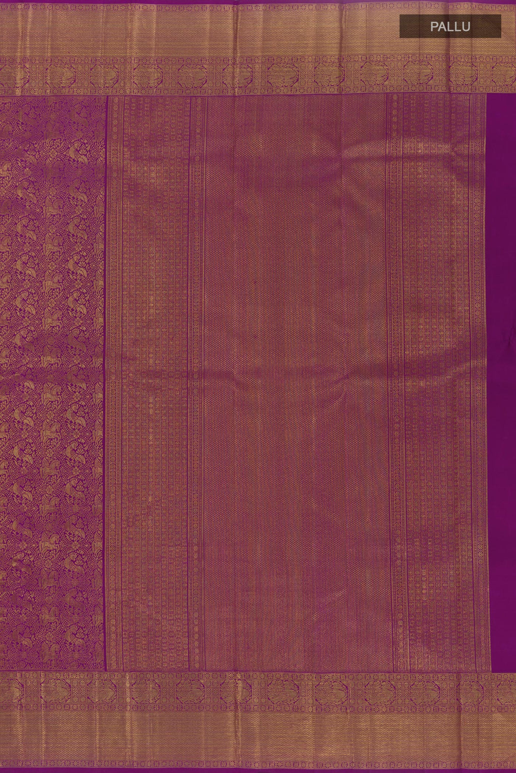 Close up image of the pallu of Purple Kanchipuram Silk Saree with Zari Brocade on the body and Zari Border. 