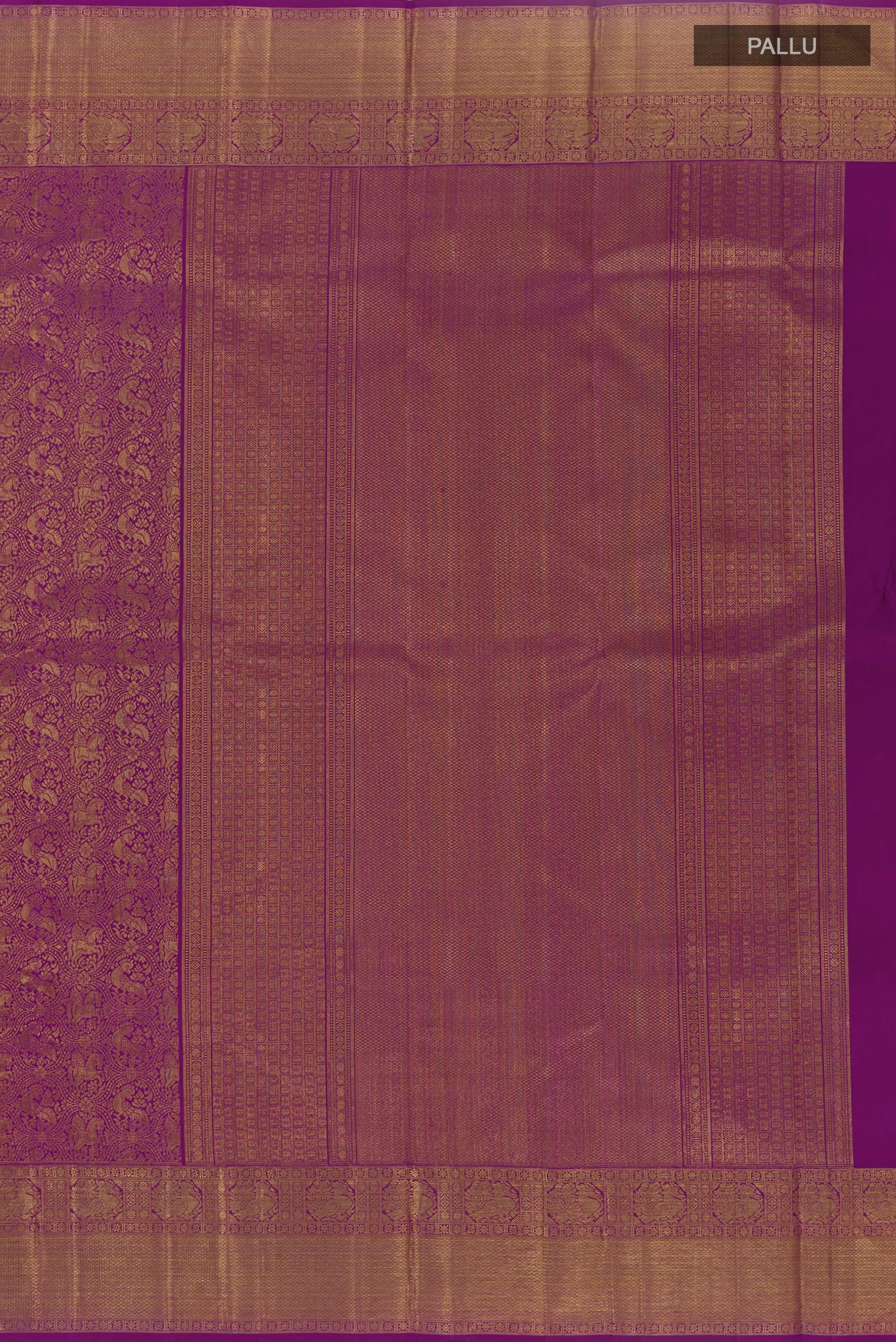 Close up image of the pallu of Purple Kanchipuram Silk Saree with Zari Brocade on the body and Zari Border. 