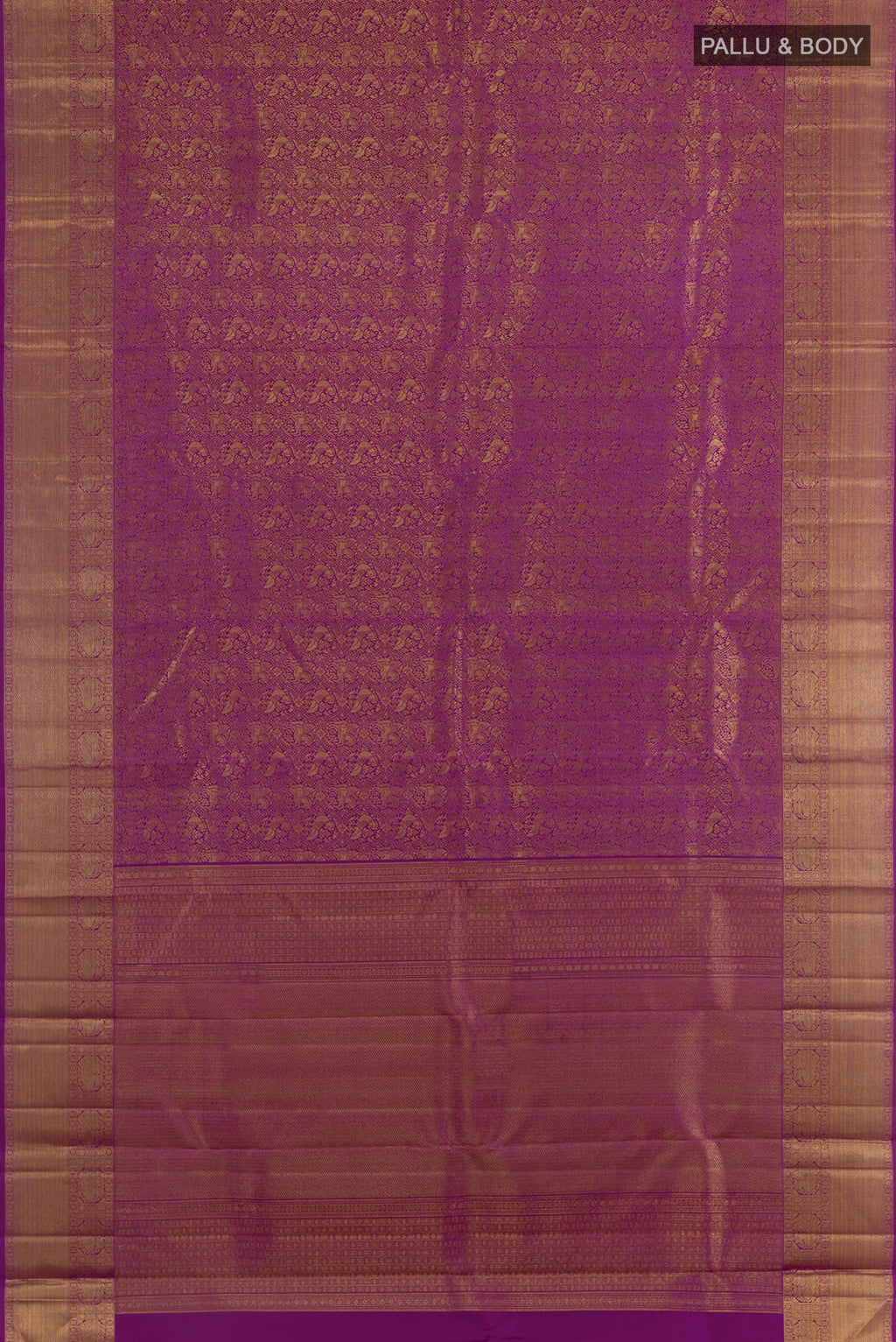 Flat view of Purple Kanchipuram Silk Saree with Zari Brocade on the body and Zari Border. 