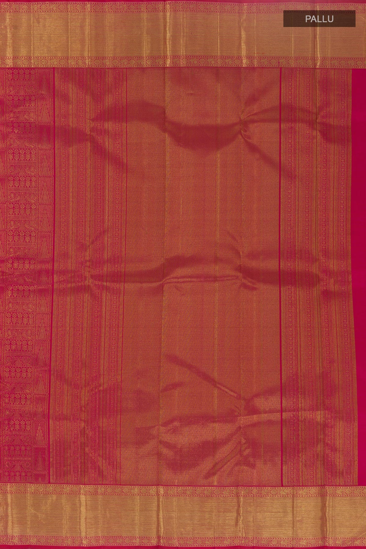 Close up image of the pallu of Dark Pink Kanchipuram Silk Saree with Zari Brocade on the body and Zari Border. 