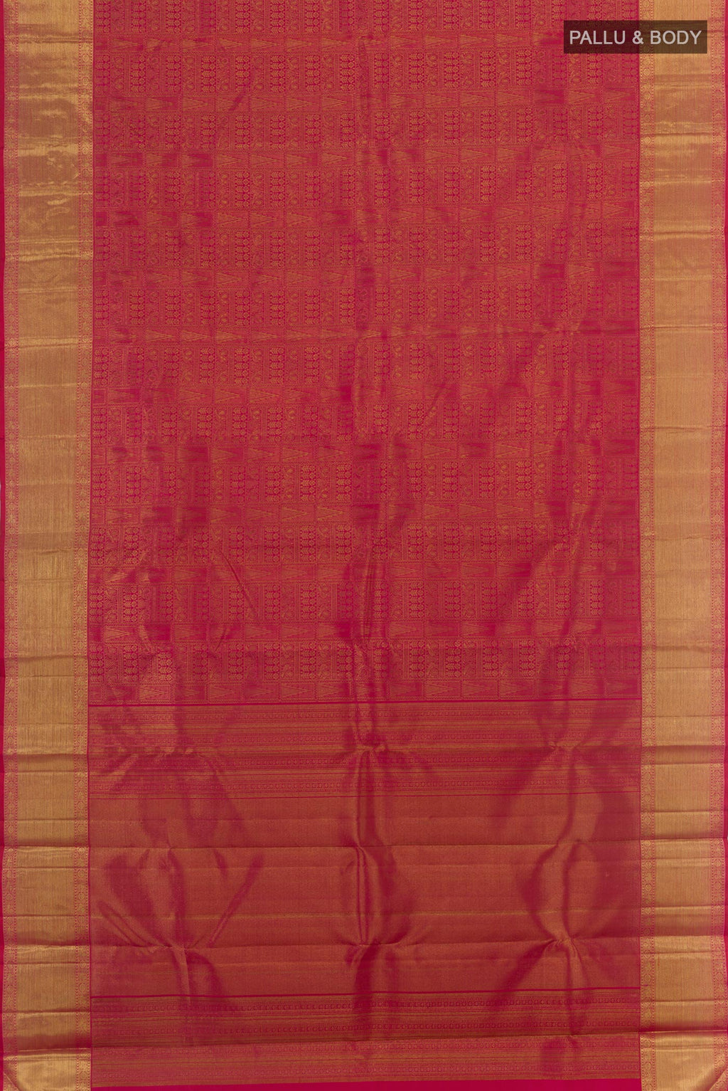 Flat view of Dark Pink Kanchipuram Silk Saree with Zari Brocade on the body and Zari Border. 