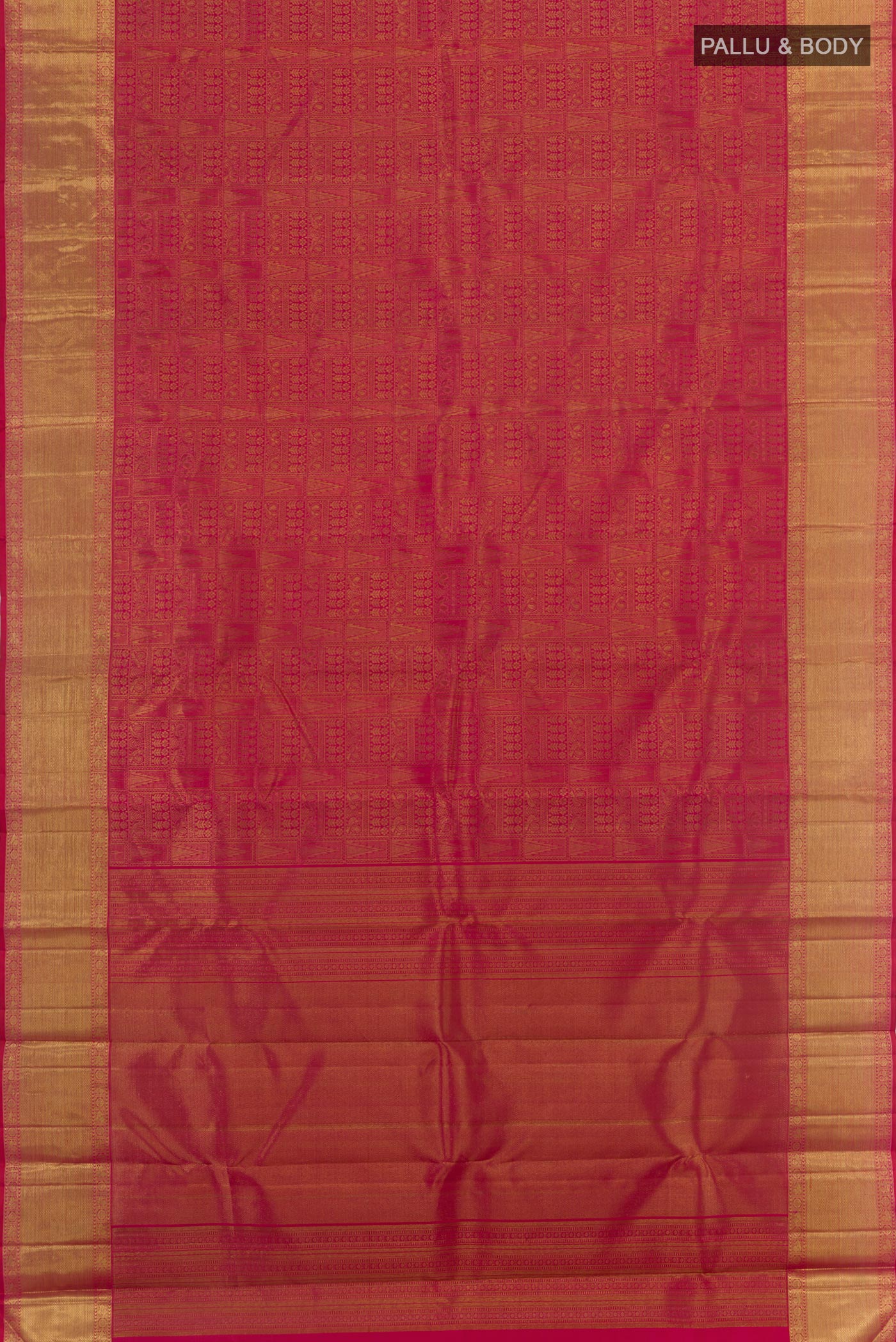 Flat view of Dark Pink Kanchipuram Silk Saree with Zari Brocade on the body and Zari Border. 