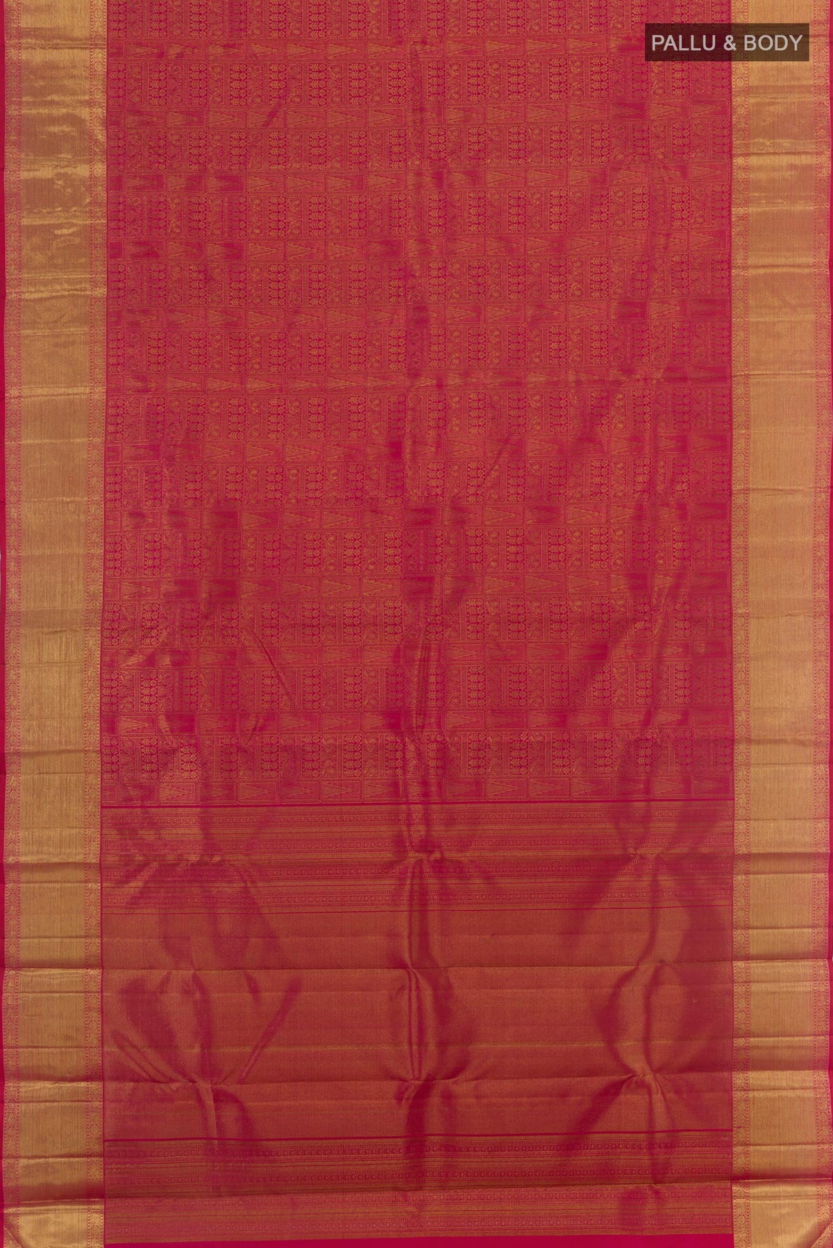 Flat view of Dark Pink Kanchipuram Silk Saree with Zari Brocade on the body and Zari Border. 