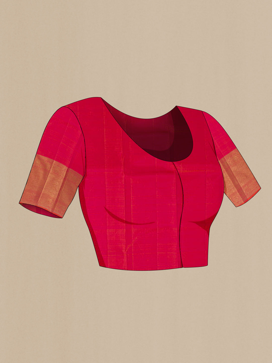 Close up image of the blouse of Coral Kanchipuram Silk Saree with Zari Brocade on the body and Zari Border. 
