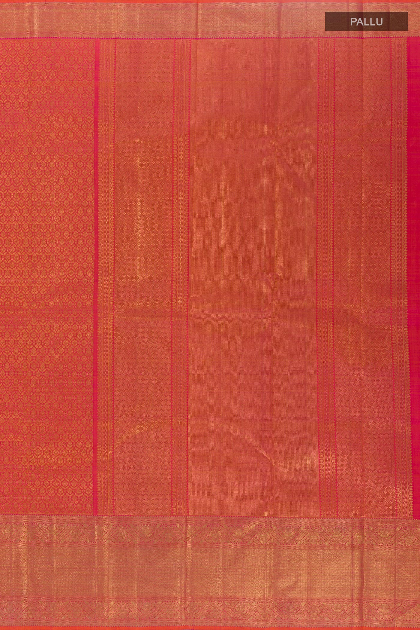 Close up image of the pallu of Coral Kanchipuram Silk Saree with Zari Brocade on the body and Zari Border. 