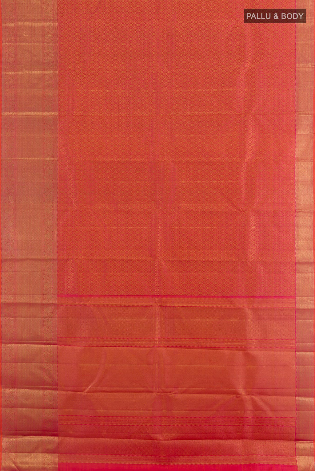 Flat view of Coral Kanchipuram Silk Saree with Zari Brocade on the body and Zari Border. 