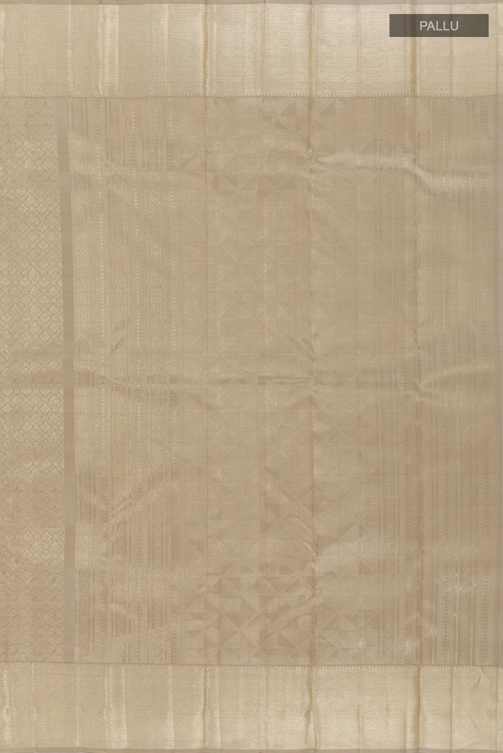 Close up image of the pallu of Grey Kanchipuram Silk Saree with Zari Brocade on the body and Zari Border. 