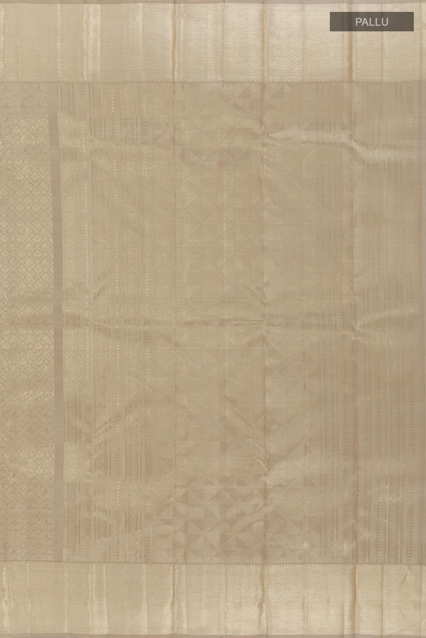 Close up image of the pallu of Grey Kanchipuram Silk Saree with Zari Brocade on the body and Zari Border. 