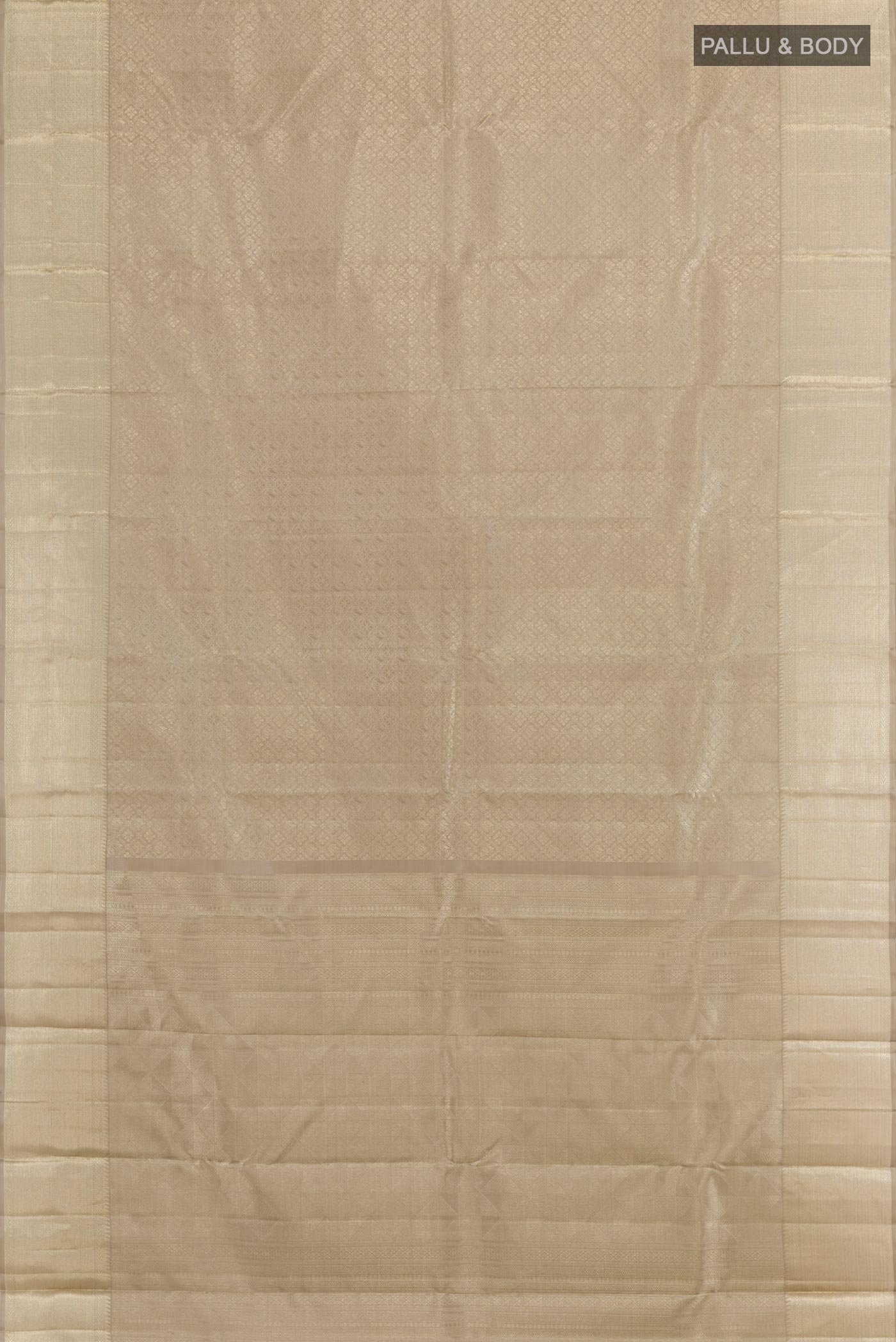 Flat view of Grey Kanchipuram Silk Saree with Zari Brocade on the body and Zari Border. 