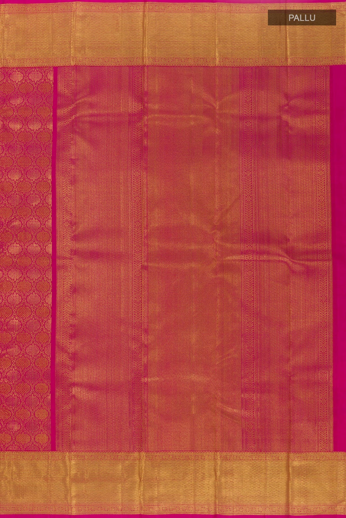Close up image of the pallu of Pink Kanchipuram Silk Saree with Zari Brocade on the body and Zari Border. 