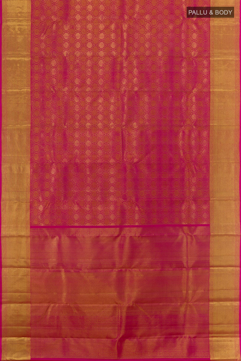 Flat view of Pink Kanchipuram Silk Saree with Zari Brocade on the body and Zari Border. 