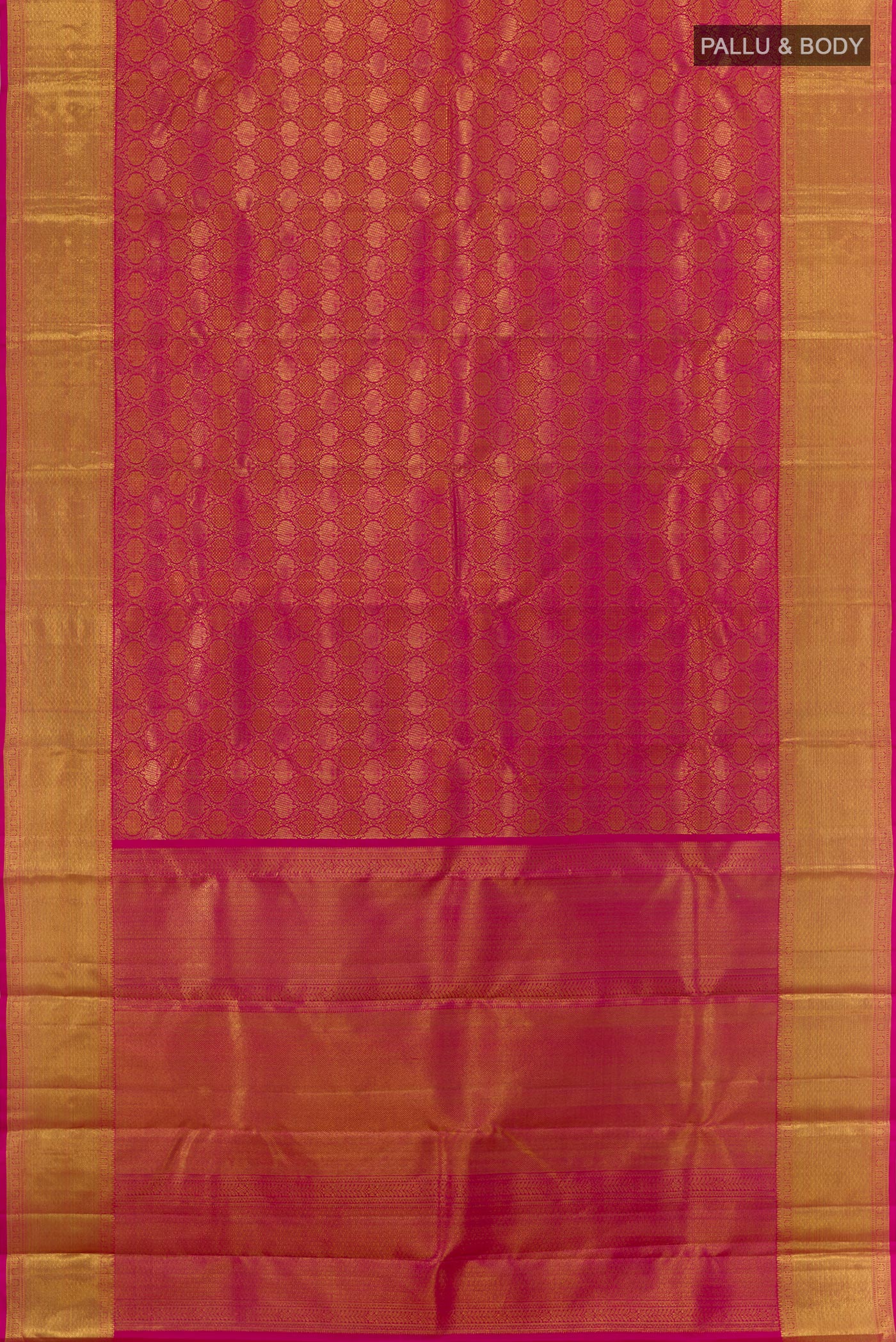 Flat view of Pink Kanchipuram Silk Saree with Zari Brocade on the body and Zari Border. 