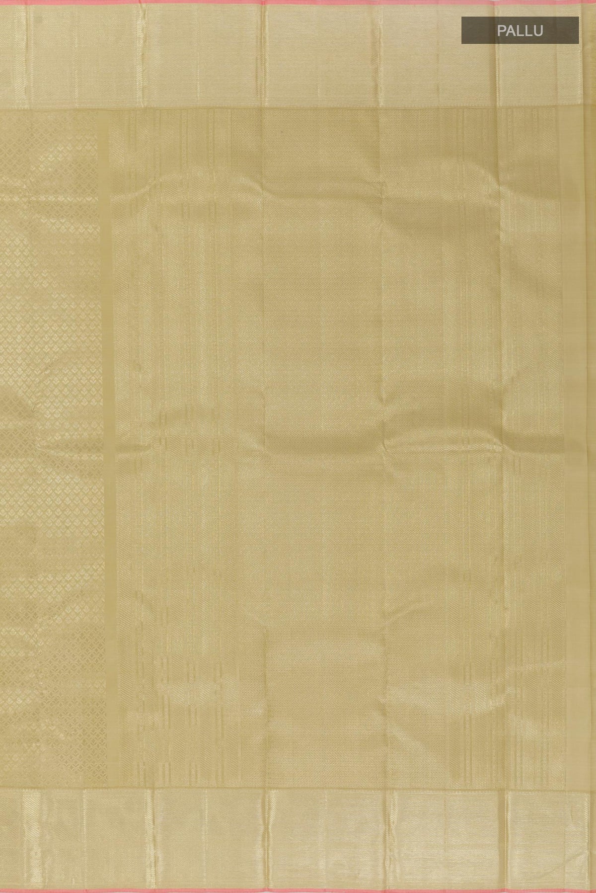 Close up image of the pallu of Beige Kanchipuram Silk Saree with Zari Brocade on the body and Zari Border. 