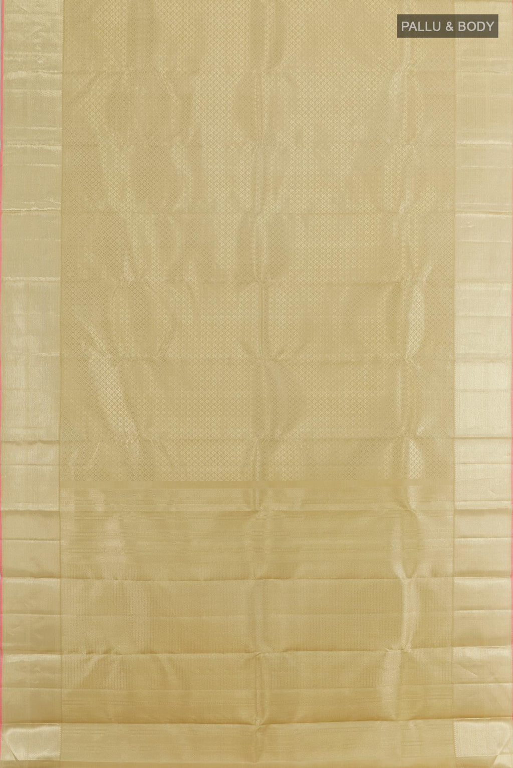 Flat view of Beige Kanchipuram Silk Saree with Zari Brocade on the body and Zari Border. 