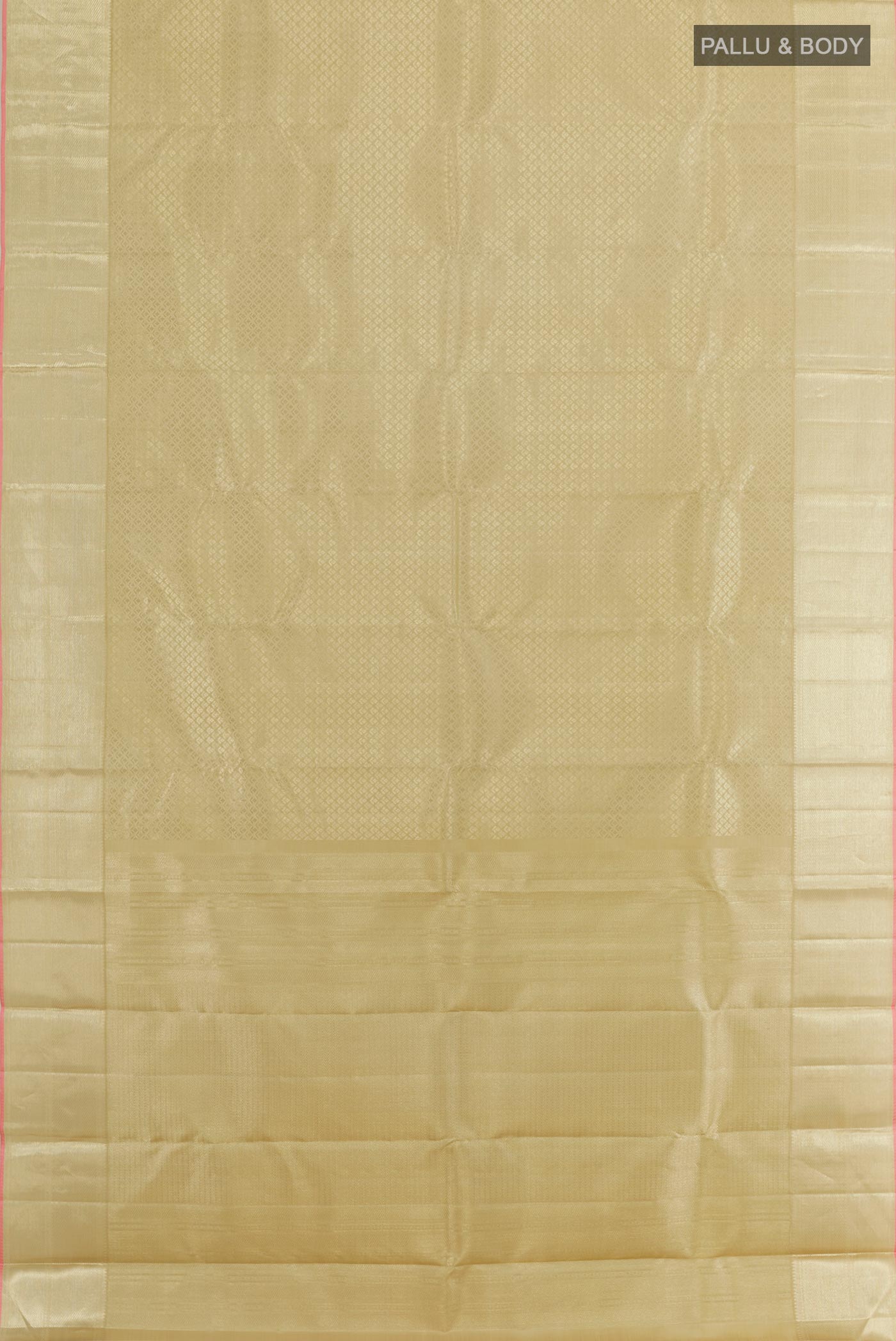 Flat view of Beige Kanchipuram Silk Saree with Zari Brocade on the body and Zari Border. 