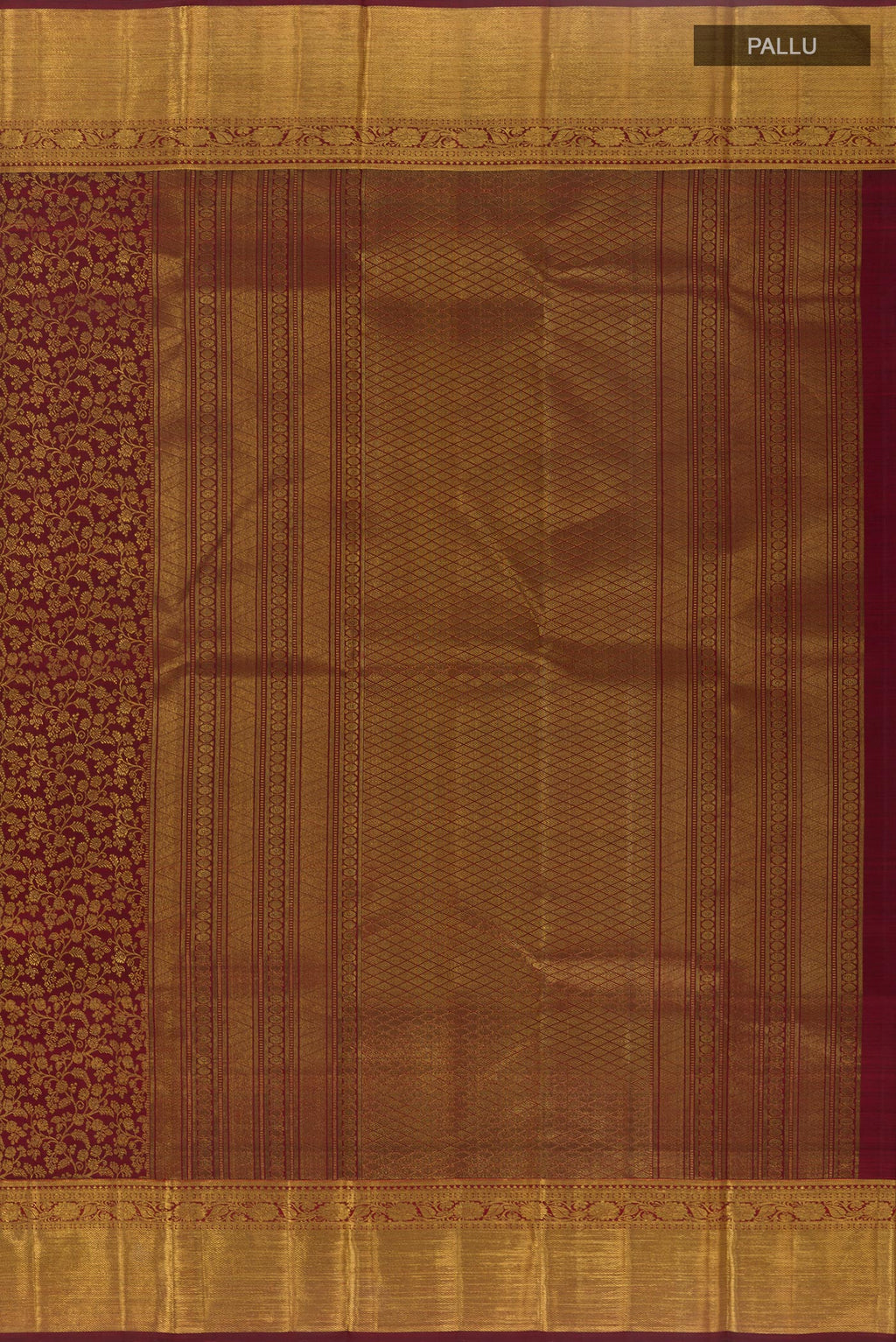 Close up image of the pallu of Maroon Kanchipuram Silk Saree with Zari Brocade on the body and Zari Border. 