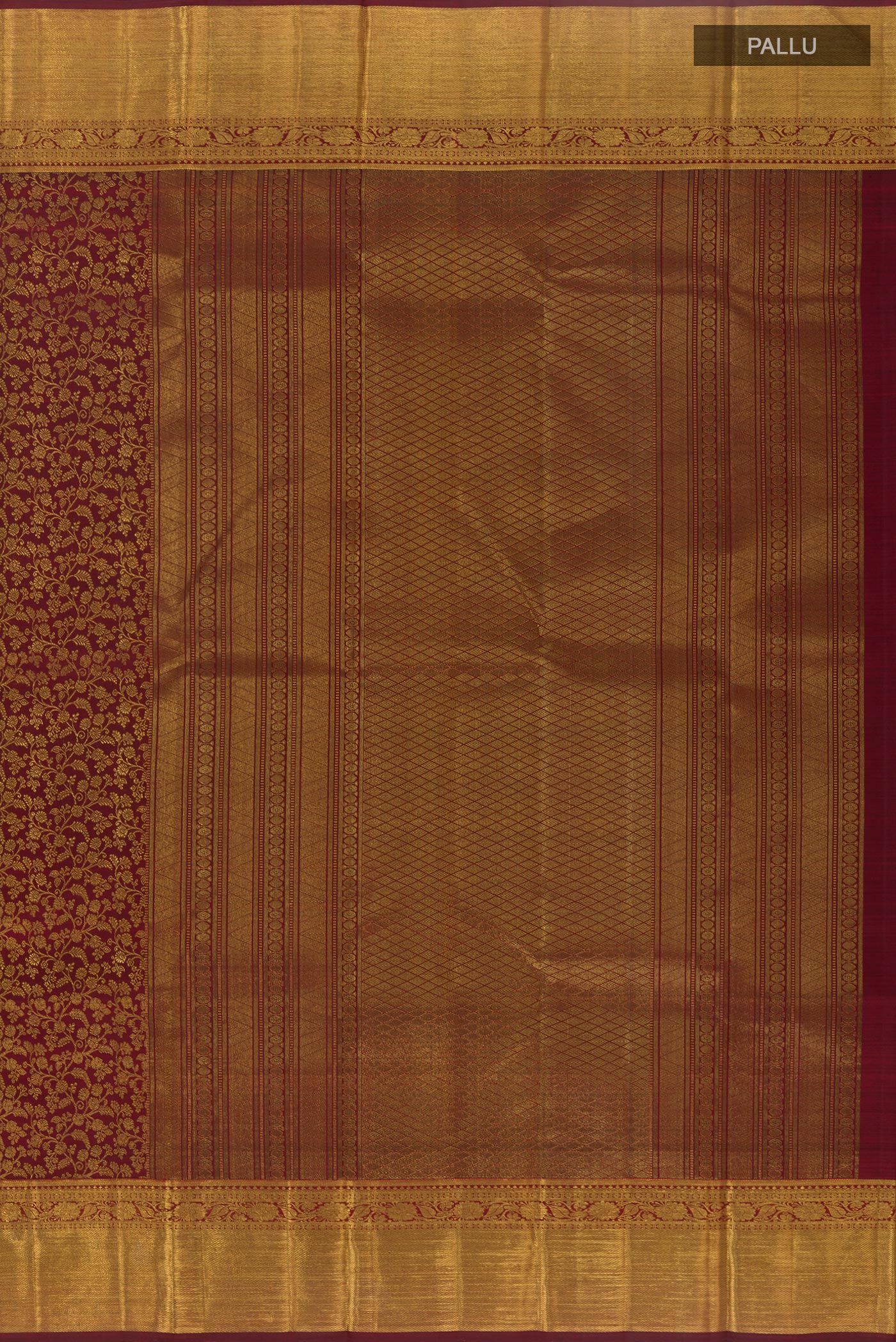 Close up image of the pallu of Maroon Kanchipuram Silk Saree with Zari Brocade on the body and Zari Border. 