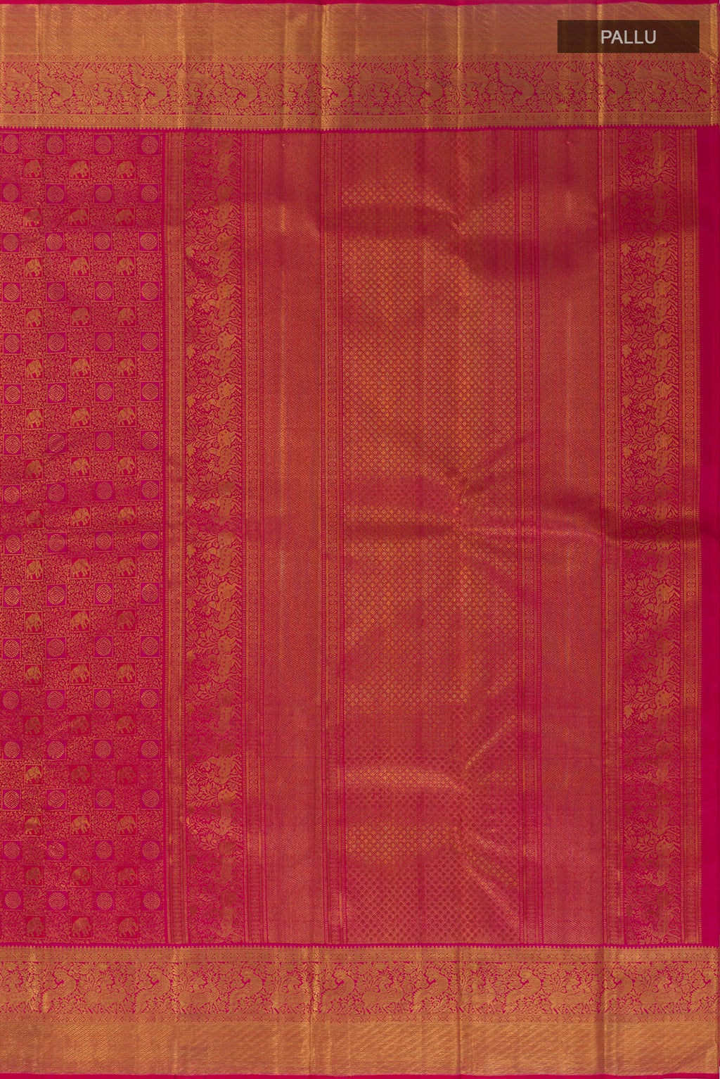 Close up image of the pallu of Pink Kanchipuram Silk Saree with Zari Brocade on the body and Zari Border. 