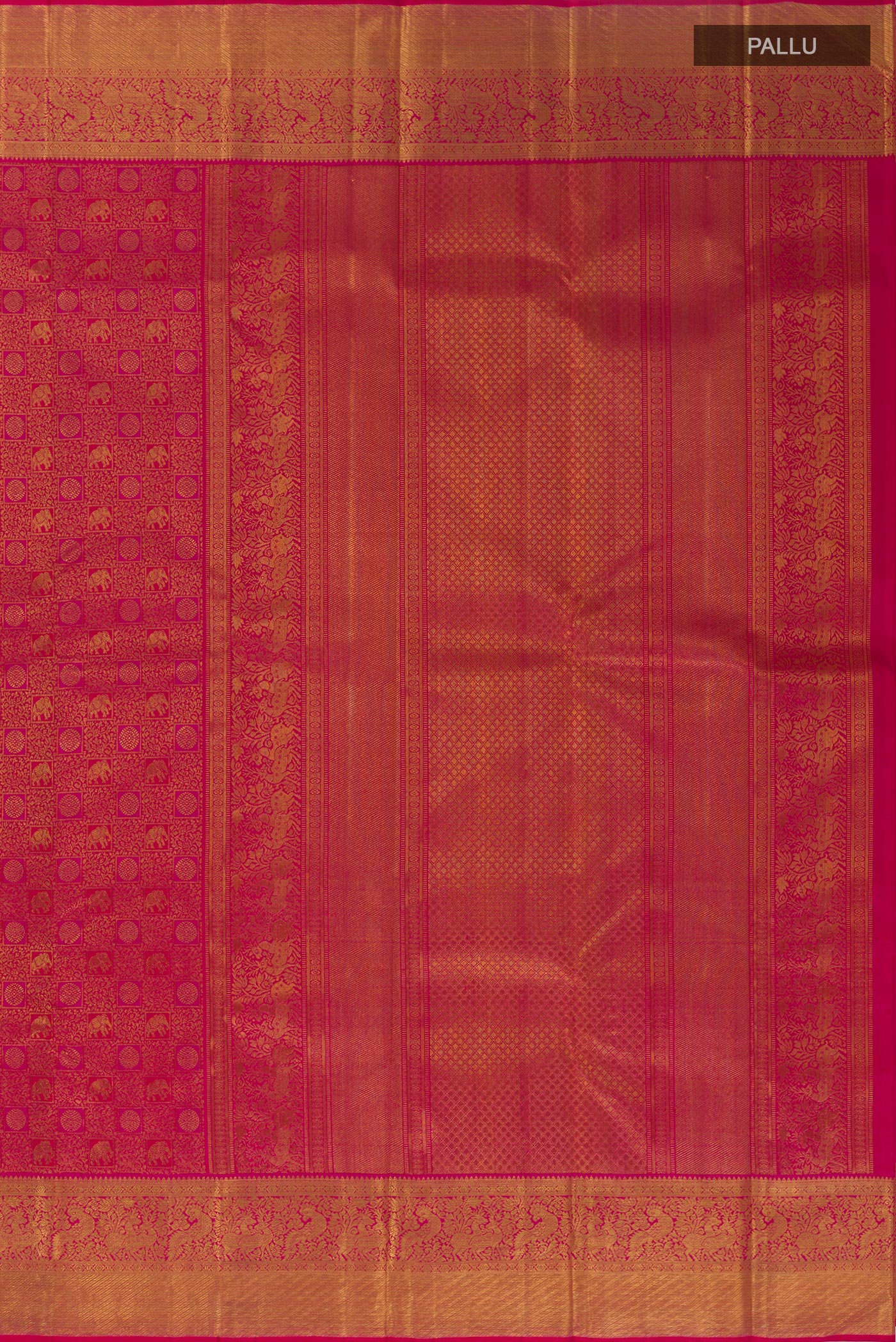 Close up image of the pallu of Pink Kanchipuram Silk Saree with Zari Brocade on the body and Zari Border. 