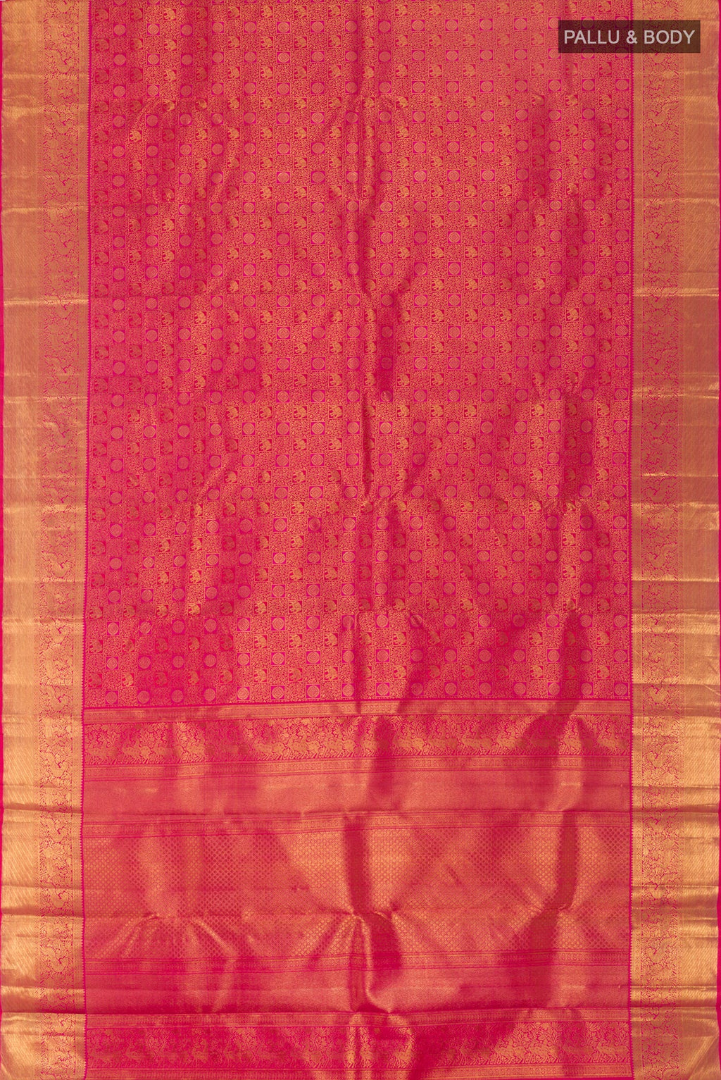 Flat view of Pink Kanchipuram Silk Saree with Zari Brocade on the body and Zari Border. 