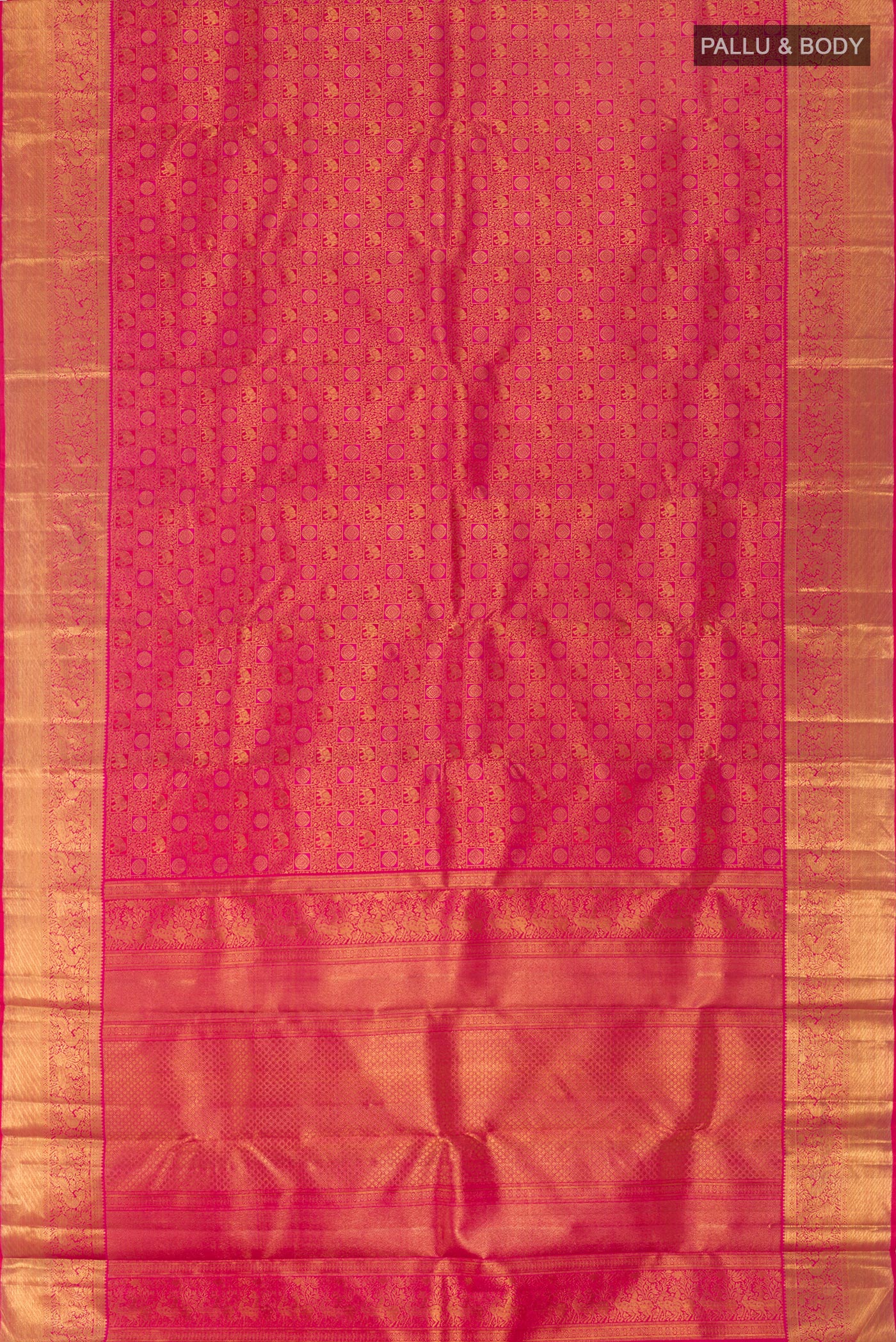 Flat view of Pink Kanchipuram Silk Saree with Zari Brocade on the body and Zari Border. 