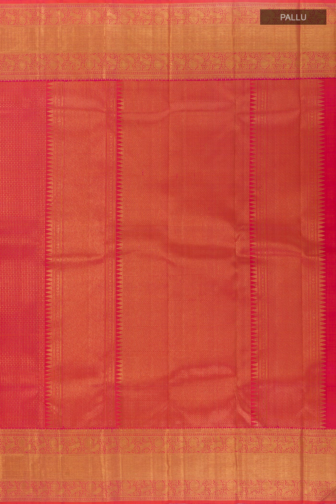 Close up image of the pallu of Pink Kanchipuram Silk Saree with Zari Brocade on the body and Zari Border. 