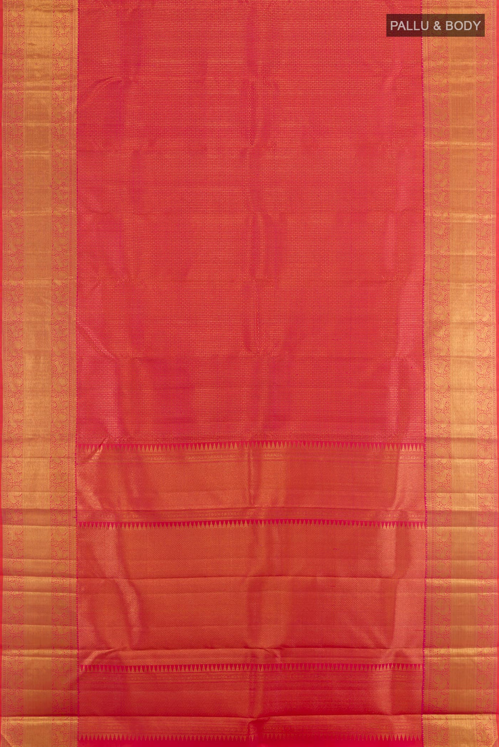 Flat view of Pink Kanchipuram Silk Saree with Zari Brocade on the body and Zari Border. 