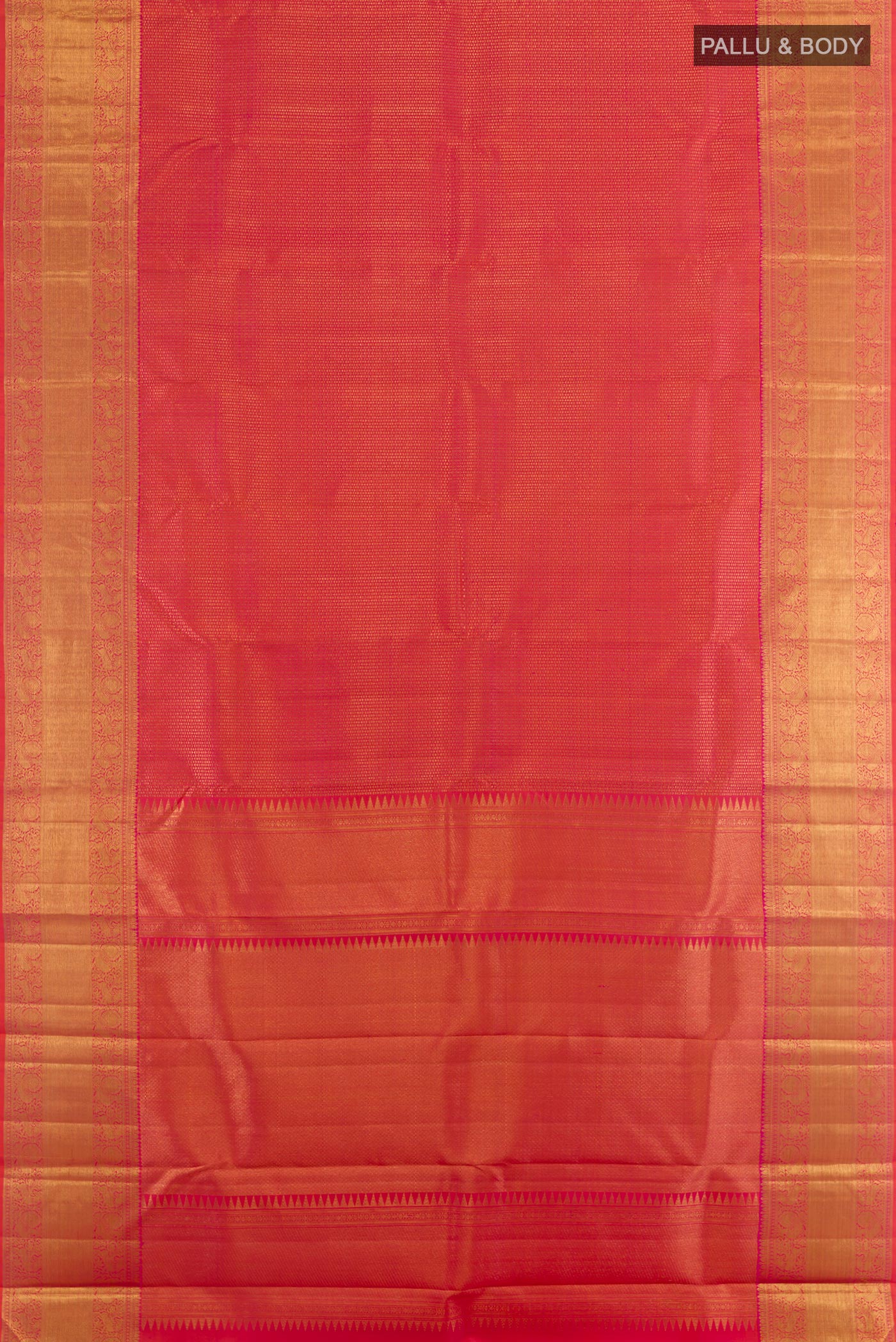 Flat view of Pink Kanchipuram Silk Saree with Zari Brocade on the body and Zari Border. 