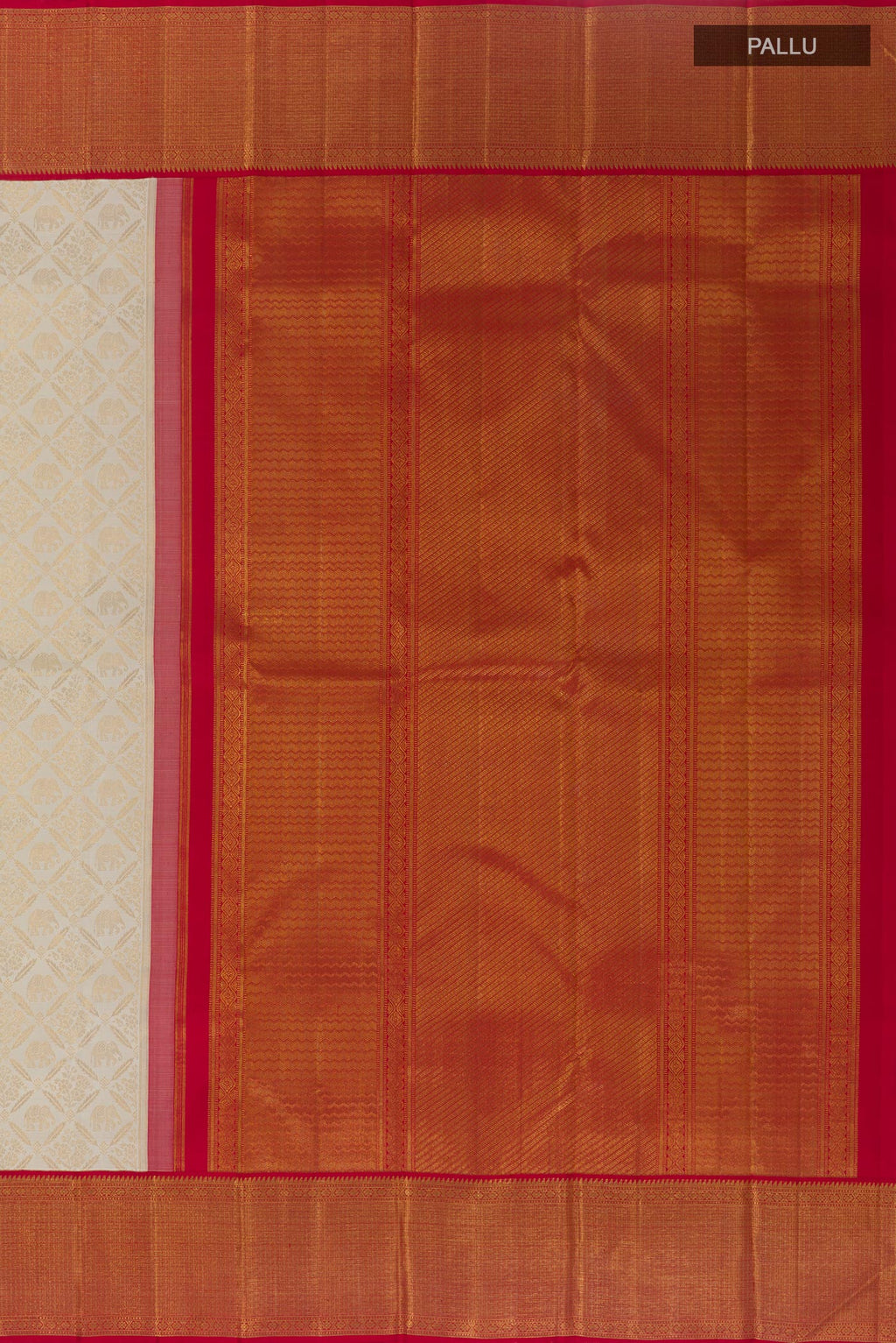 Close up image of the pallu of Off White Kanjivaram Silk Saree with Zari Brocade on the body and Zari Border. 