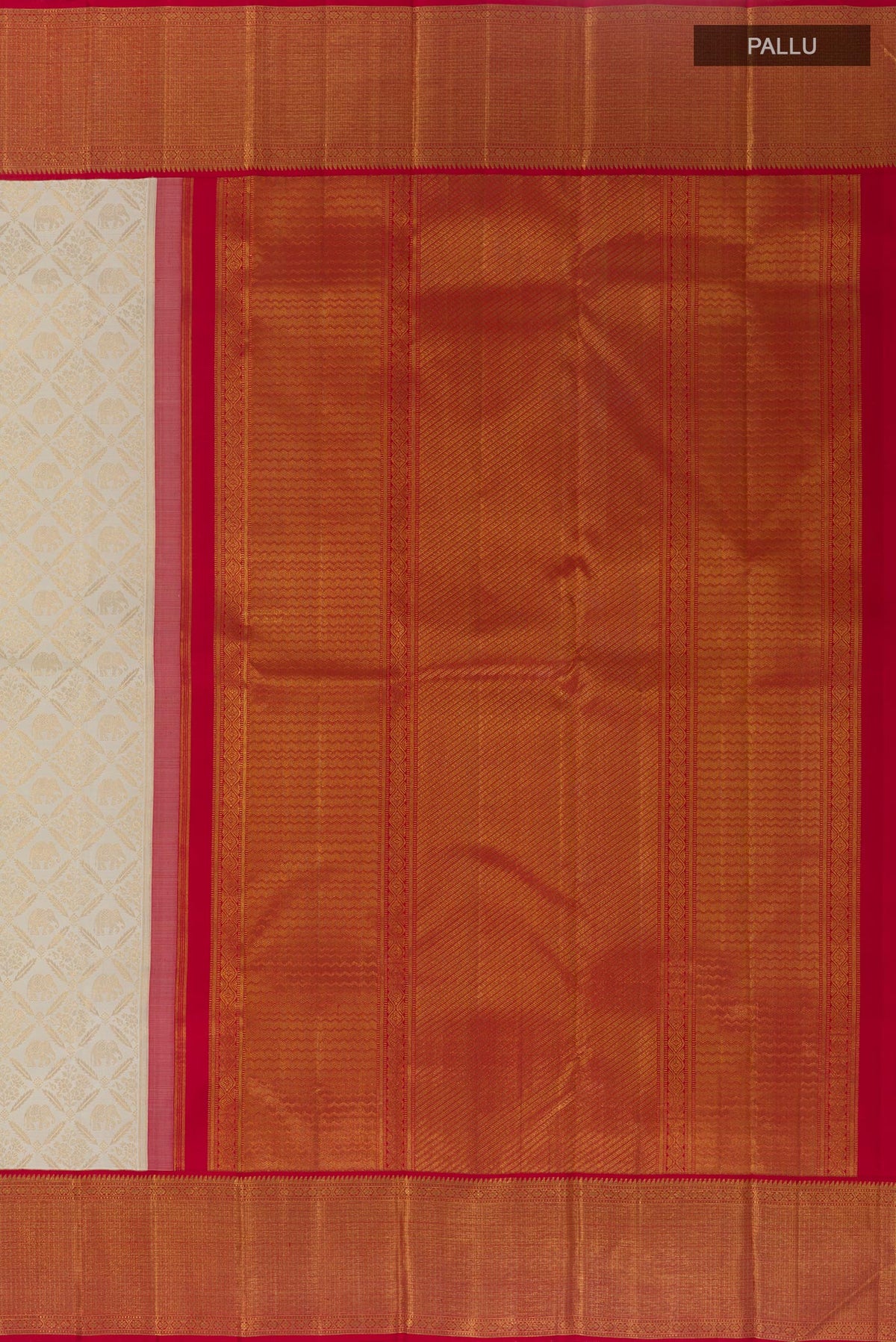 Close up image of the pallu of Off White Kanjivaram Silk Saree with Zari Brocade on the body and Zari Border. 
