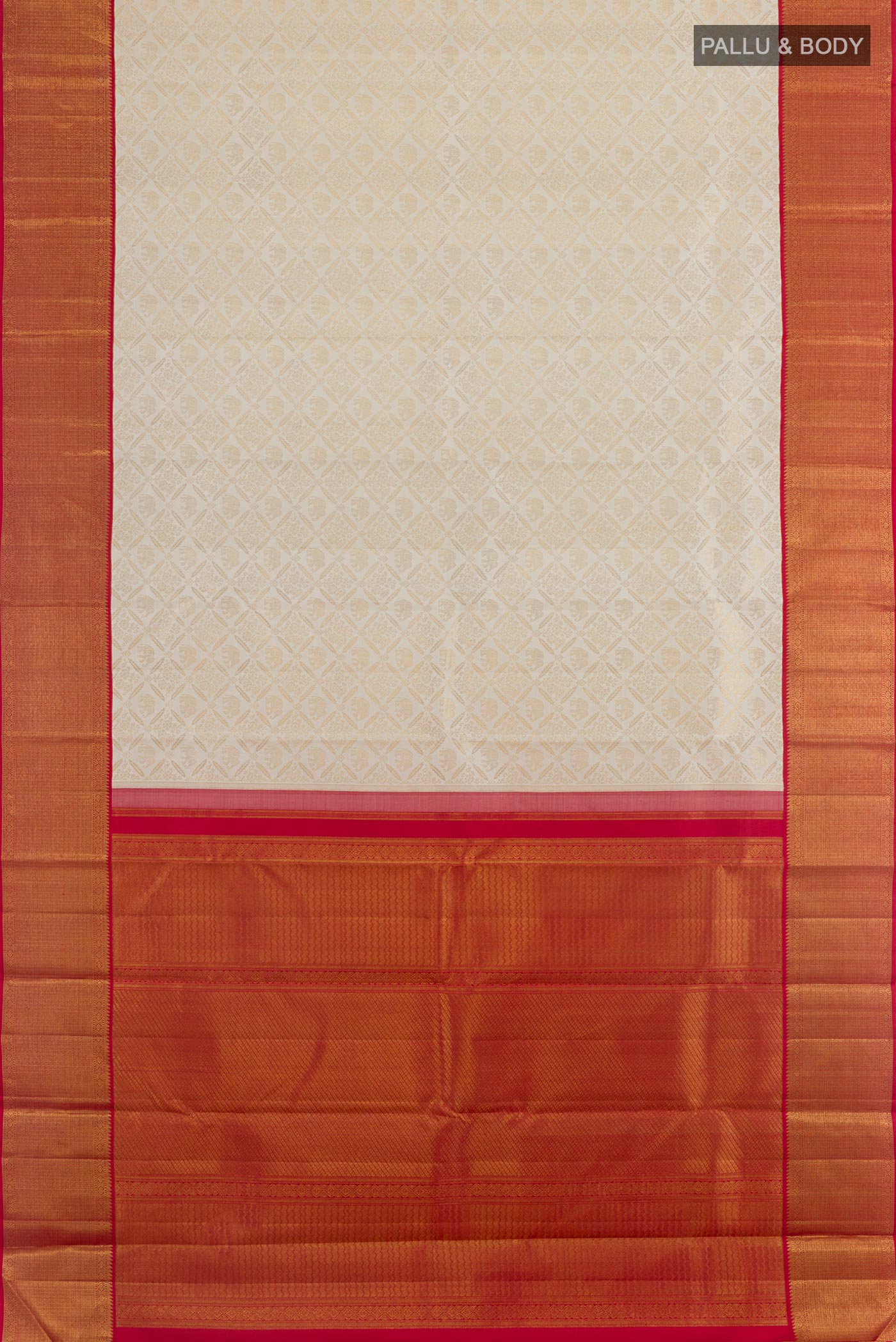 Flat view of Off White Kanjivaram Silk Saree with Zari Brocade on the body and Zari Border. 