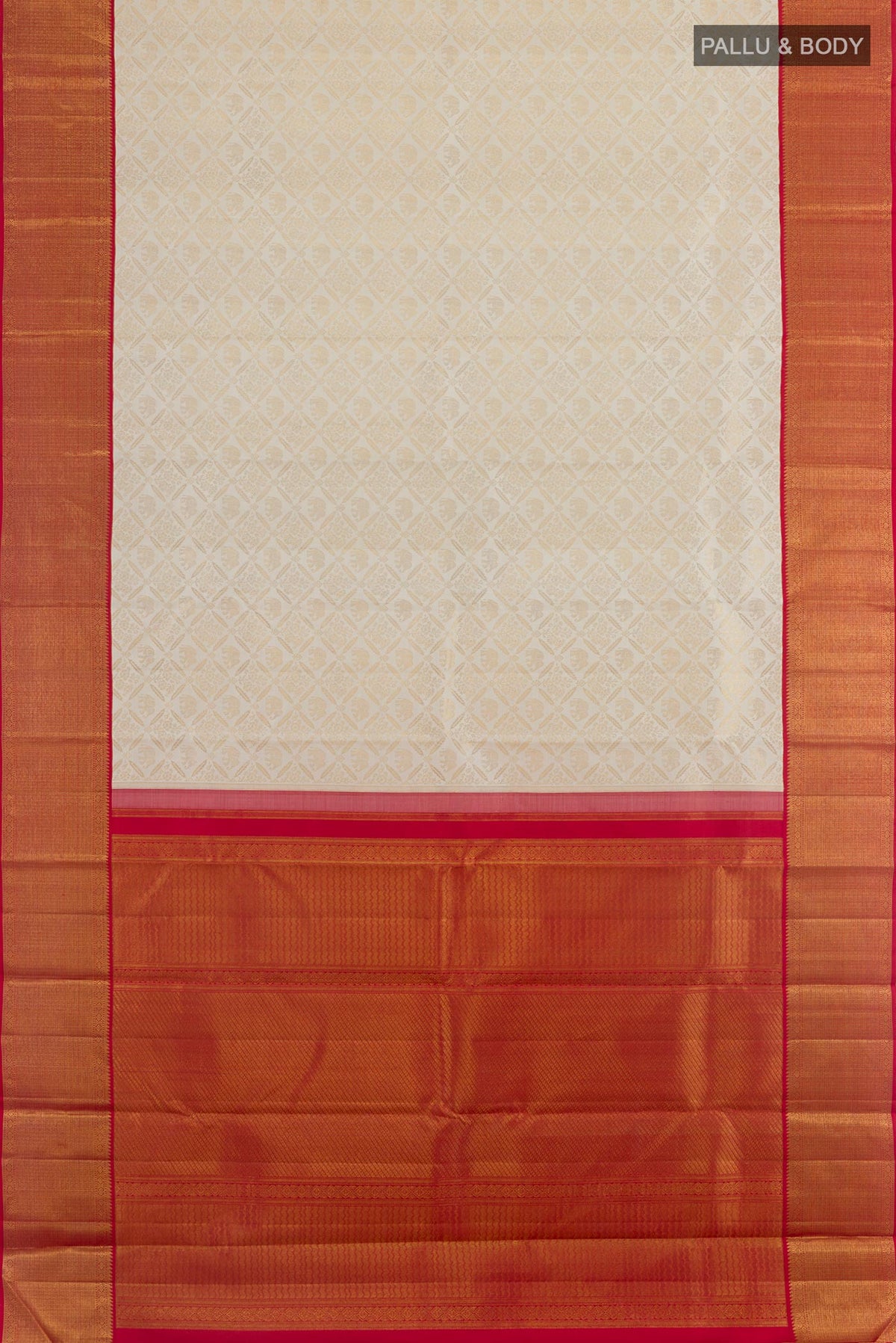 Flat view of Off White Kanjivaram Silk Saree with Zari Brocade on the body and Zari Border. 