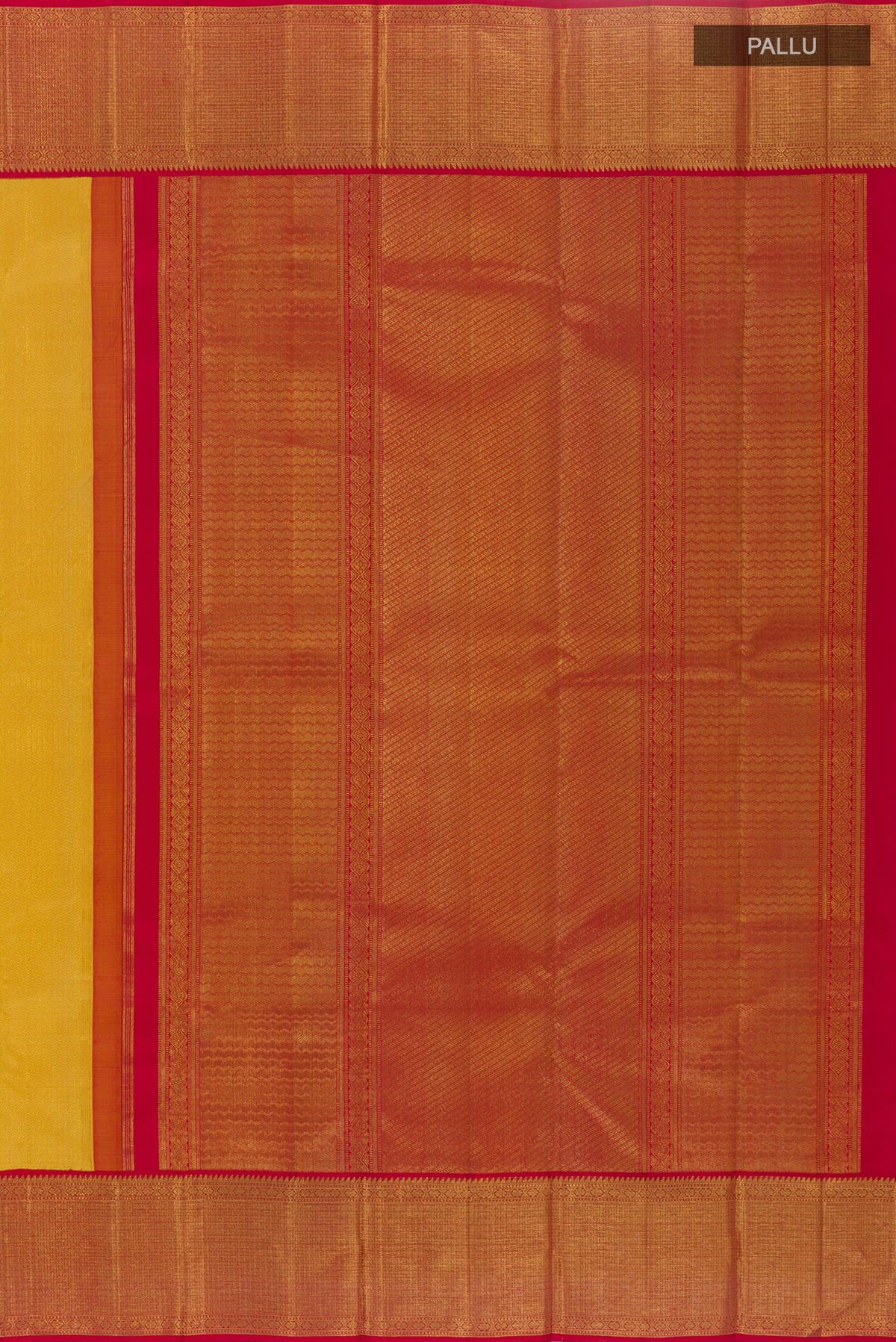 Close up image of the pallu of Yellow Kanjivaram Silk Saree with Zari Brocade on the body and Zari Border. 