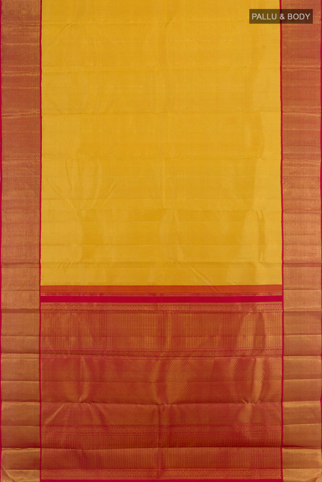 Flat view of Yellow Kanjivaram Silk Saree with Zari Brocade on the body and Zari Border. 