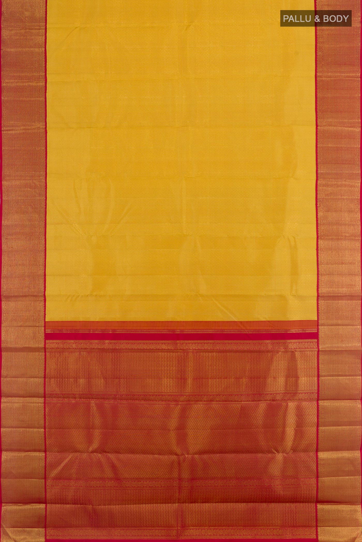 Flat view of Yellow Kanjivaram Silk Saree with Zari Brocade on the body and Zari Border. 