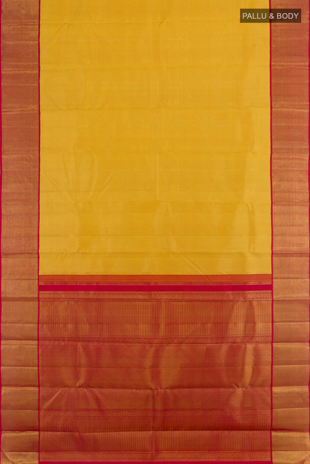 Flat view of Yellow Kanjivaram Silk Saree with Zari Brocade on the body and Zari Border. 