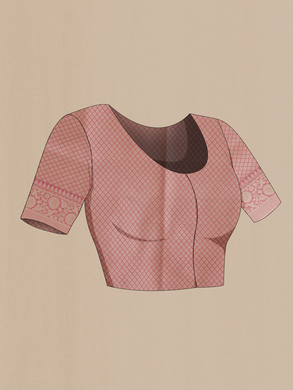 Close up image of the blouse of Pure Silk Pink Banarasi Saree with Zari Brocade on the body and Zari Border. 