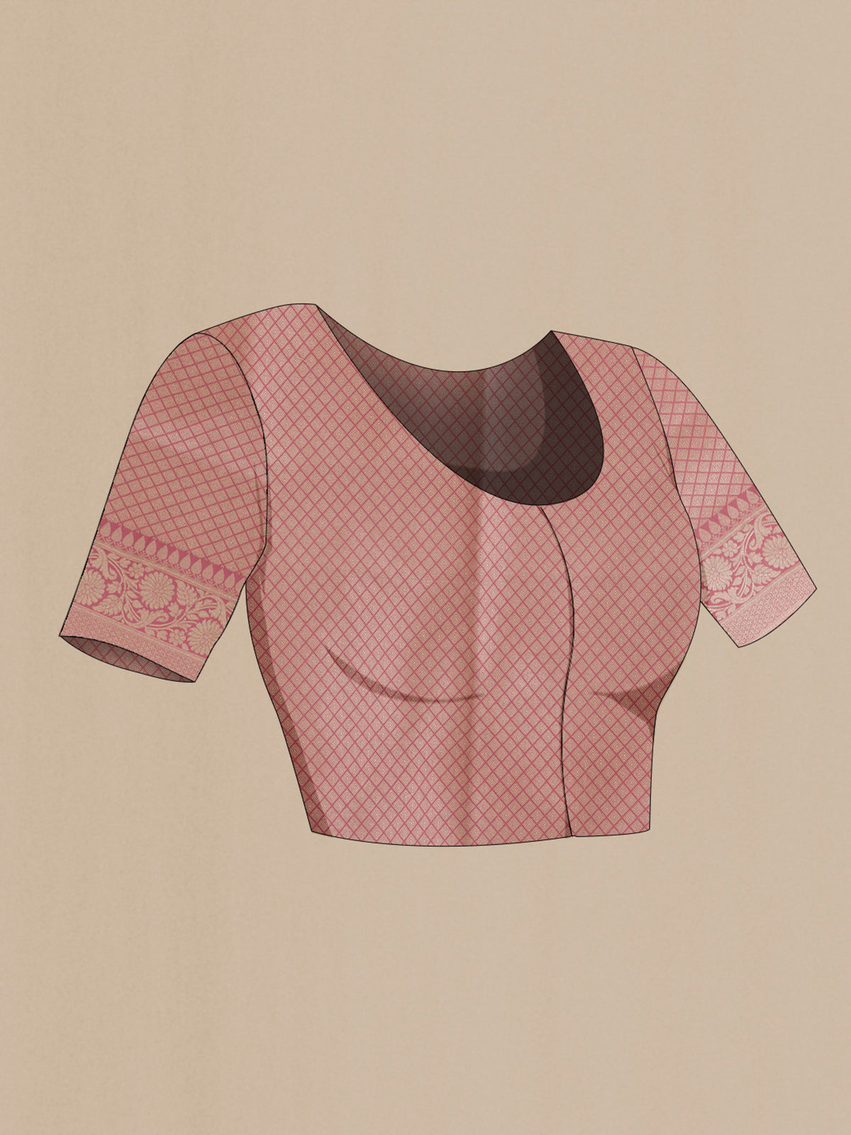 Close up image of the blouse of Pure Silk Pink Banarasi Saree with Zari Brocade on the body and Zari Border. 