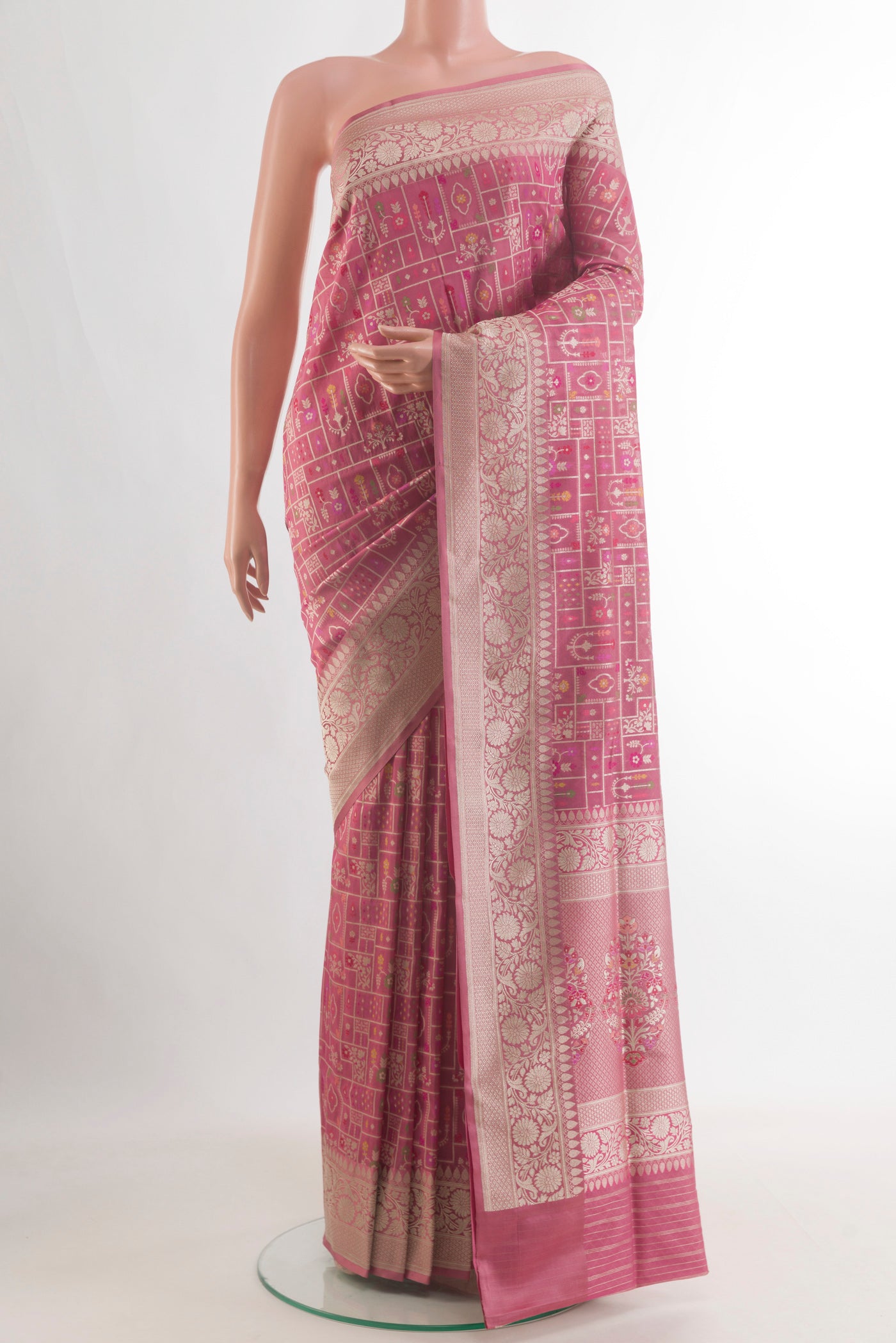 Pure Silk Pink Banarasi Saree with Zari Brocade on the body and Zari Border.  displayed on a mannequin